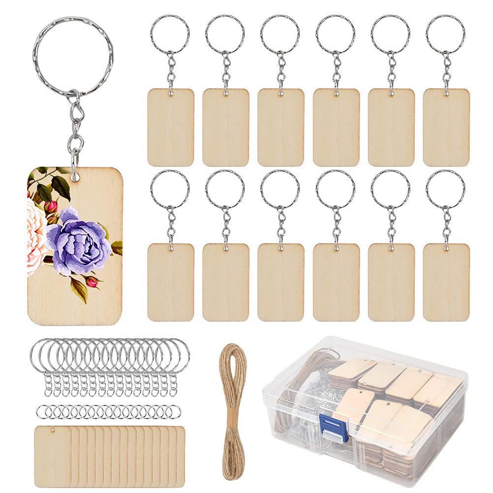 BUYGO 80Pcs Unfinished Wood Keychain Blanks with Rings & Rope - DIY Rectangle Wooden Key Tags for Custom Crafts - Perfect for Party Favors, Wedding Gifts, and Business Promotions