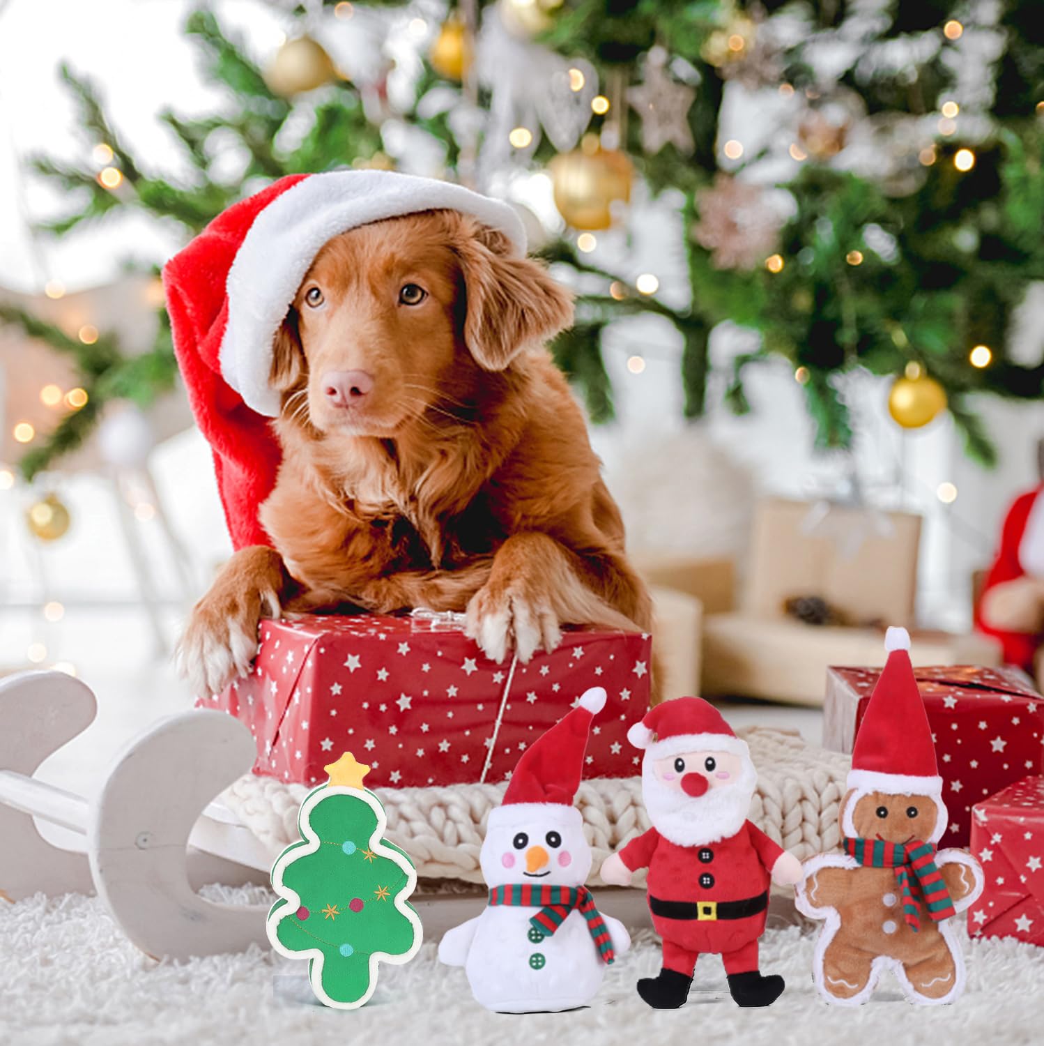 DODODOLA Squeaky Christmas Tree Plush Dog Toy with Crinkle Paper - Chew Resistant Stuffed Animal Gift for Large & Medium Dogs - Holiday Playtime & Training Reward