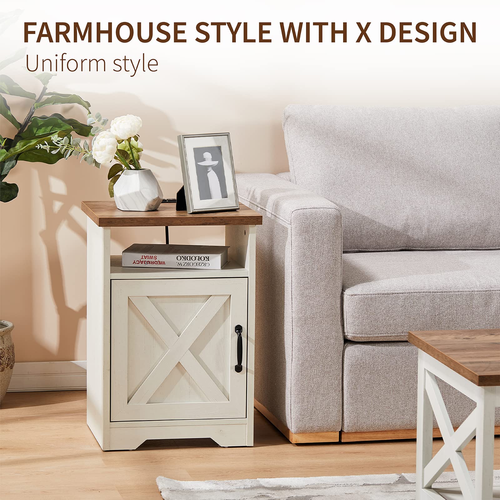 AMERLIFE 3-Piece Farmhouse Living Room Table Set with Coffee Table & 2 End Tables - USB Charging Station, Distressed White Finish - Perfect for Rustic Home Decor & Modern Entertainment Spaces