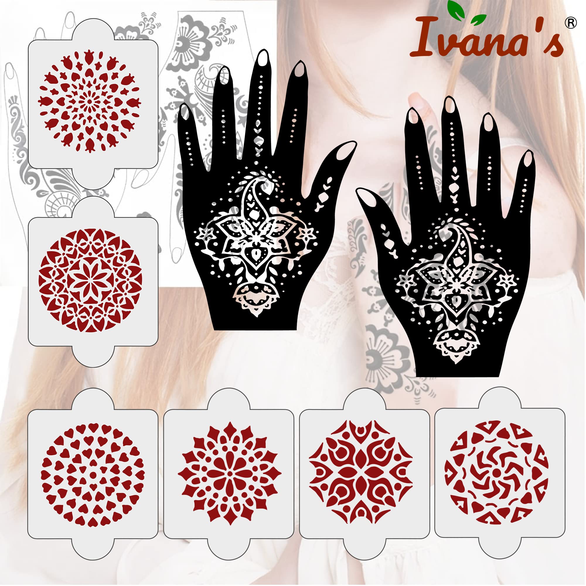 8-Piece Henna Stencil Kit - 2 Henna Tattoo Stencils + 6 Reusable PVC Laser-Cut Stencils for Women, Girls & Kids | Easy Application Mehandi Designs | Perfect for Weddings, Festivals & DIY Body Art (IVH-65)