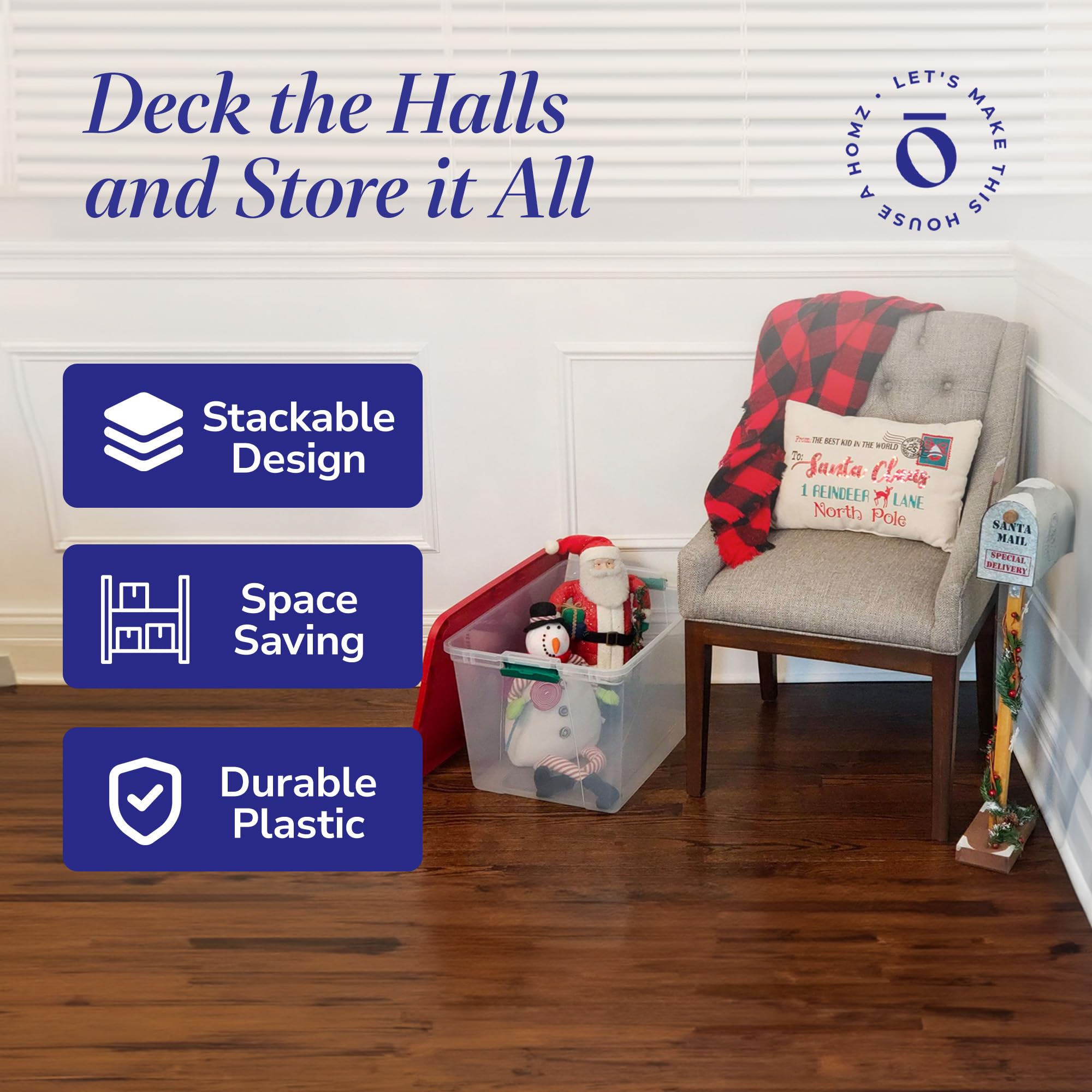 HOMZ 4-Pack 64 Quart Clear Plastic Storage Bins with Secure Red Lids - Stackable Organizer Containers for Home, Office, Garage & Closet Organization