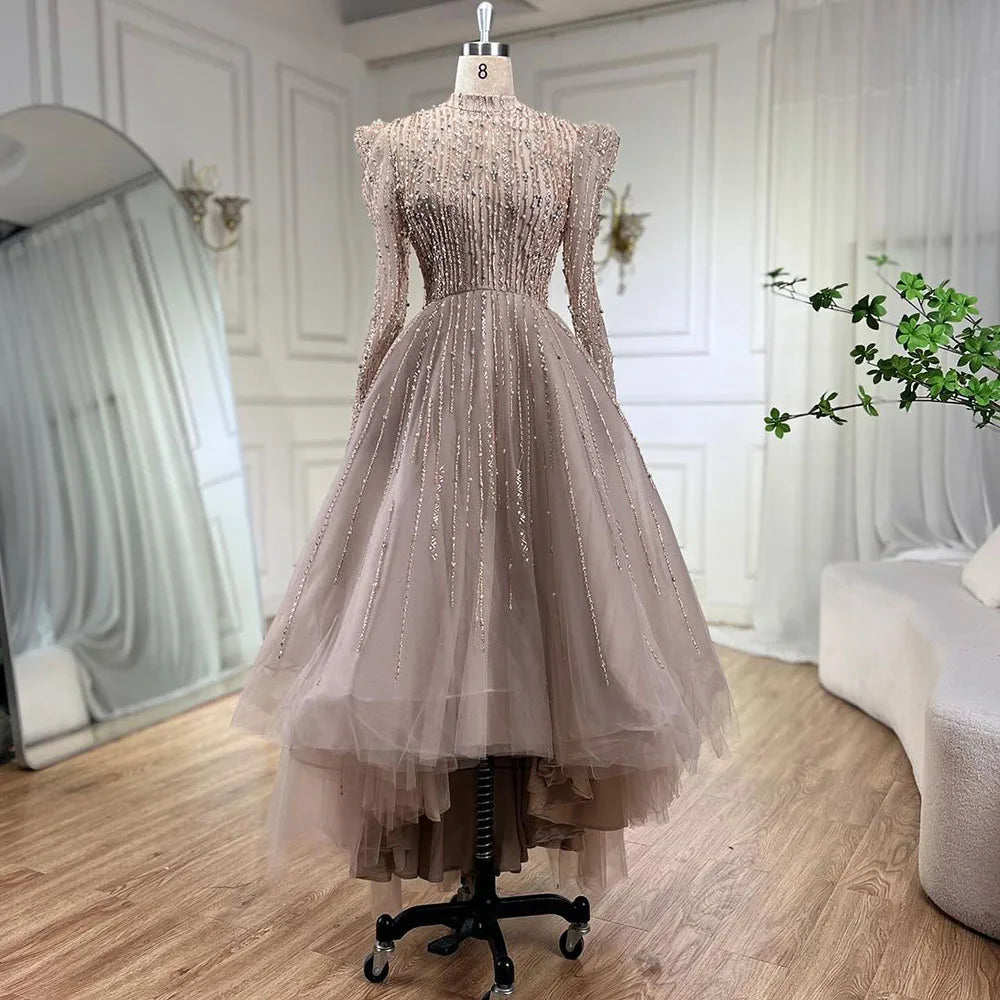 Serene Hill Muslim A-Line Luxury Pearl Beaded Nude Midi Ankle-Length Evening Dress Gown for Women - Formal Wedding Party Guest Attire | Elegant for Special Occasions, Bridal Showers & Red Carpet Events