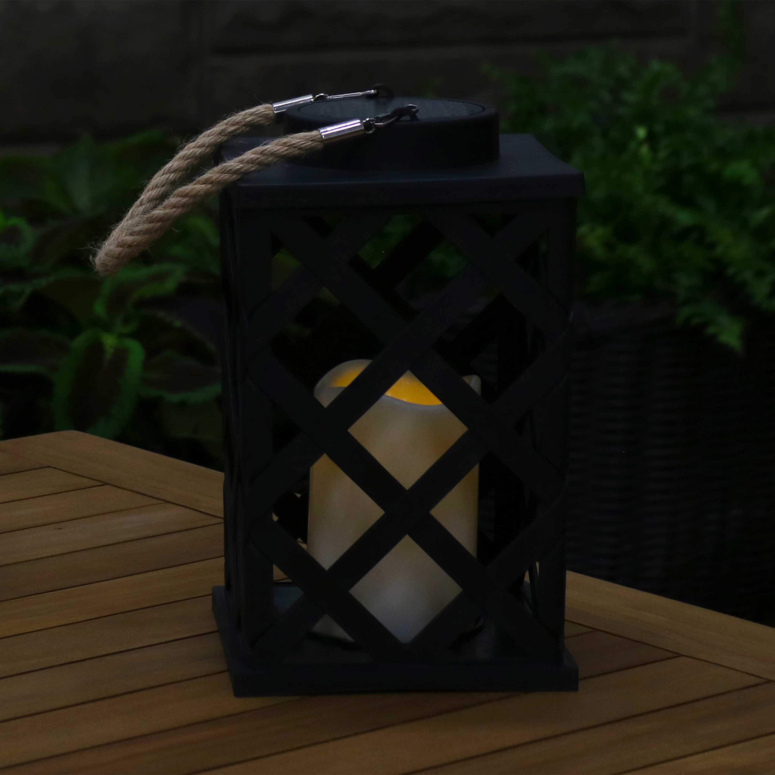 Sunnydaze Modern Crosshatch Outdoor Solar Decorative Candle Lantern - Waterproof Garden Patio Deck Decor for Parties, Weddings & Backyard Lighting