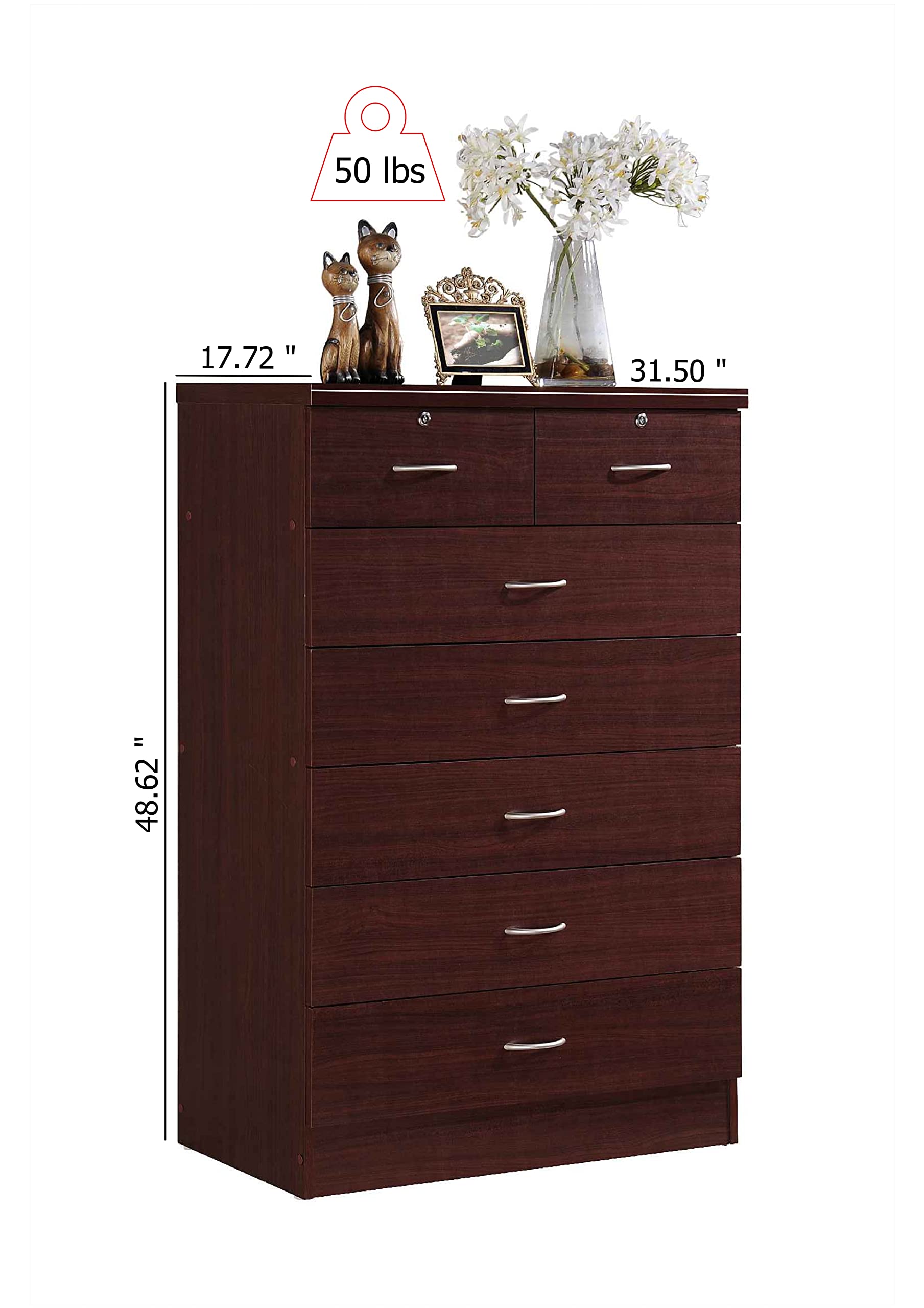 HODEDAH 7-Drawer Wooden Dresser for Bedroom - 31.5 Inch Wide Chest of Drawers with 2 Locking Top Drawers - Mahogany Storage Organizer for Clothes, Bedroom Furniture - Perfect for Master Bedroom, Guest Room & Dorm Organization