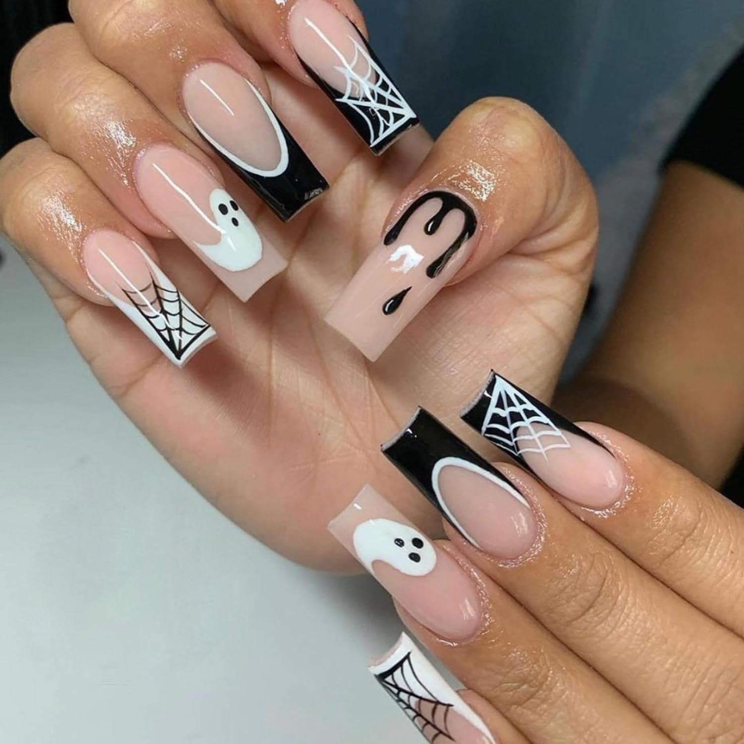 24Pcs Halloween Fake Nails - Long Coffin French Tip Press on Nails with Gothic Ghost & Spider Web Designs | Full Cover Glue on Acrylic Nails in Nude Pink & Black | Perfect for Women & Girls Halloween Party, Cosplay & Gothic Manicure