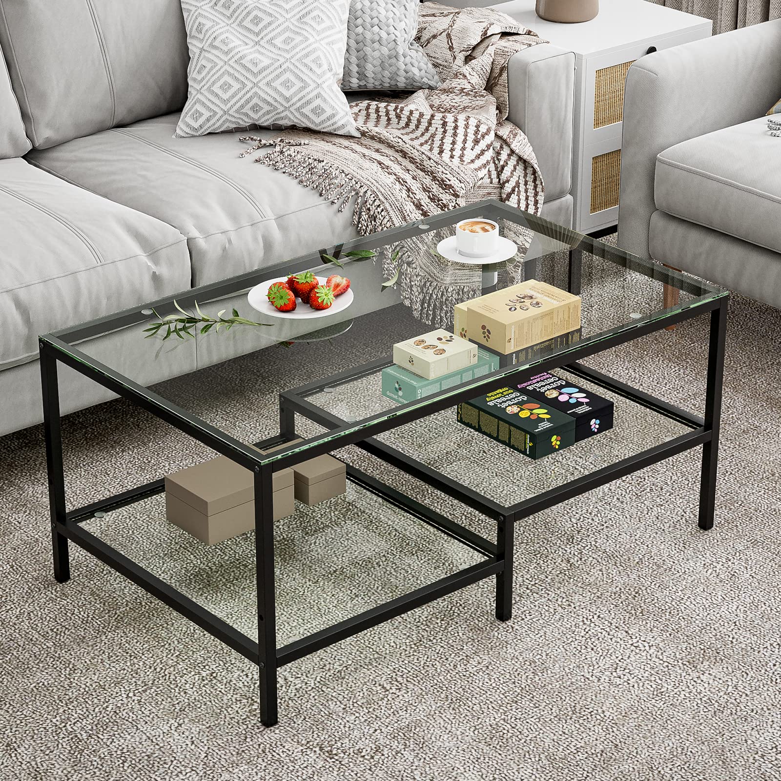 IKIFLY Modern Rectangular Glass Coffee Table with Sturdy Metal Frame & 2-Tier Adjustable Storage Shelves - Living Room Center Table for Small Spaces, Perfect for Cocktail Parties, TV Nights & Home Decor
