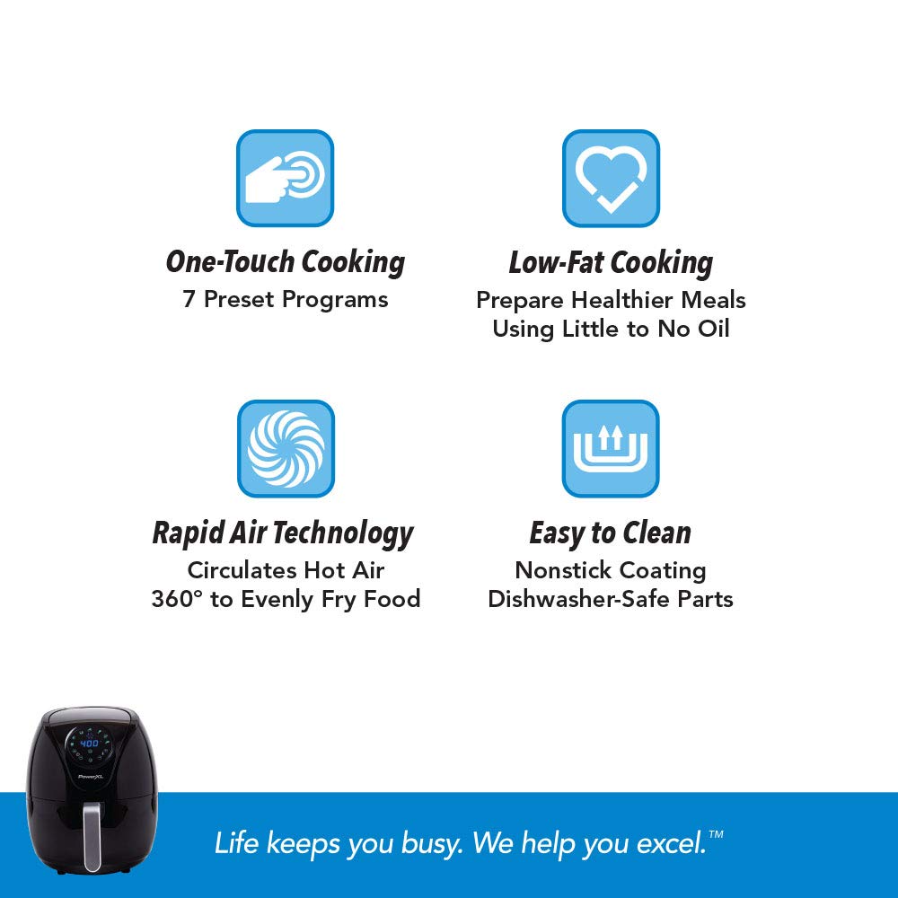 PowerXL Air Fryer 7 QT Maxx Classic - Extra Hot Air Fryer for Cooking, Crisping, Broiling, Roasting & Baking - High Gloss Black Finish (7 Quart) (HF-196DT) - Perfect for Healthy Family Meals & Quick Weeknight Dinners