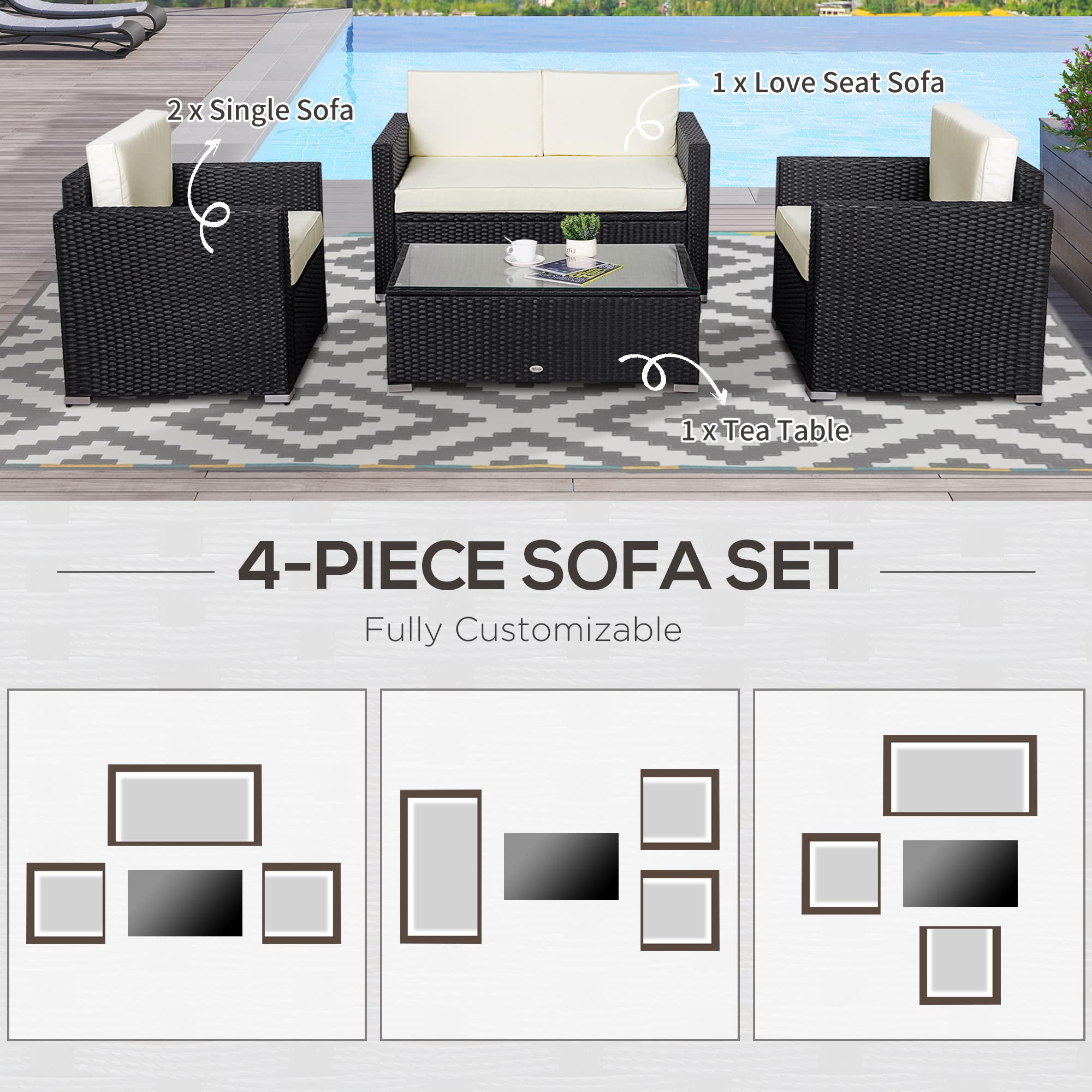 Outsunny 4-Piece White Wicker Patio Furniture Set with Cushions - Outdoor Sectional Sofa Set with 2 Sofas, Loveseat & Glass Top Coffee Table - Perfect for Garden, Backyard, Poolside or Patio Relaxation