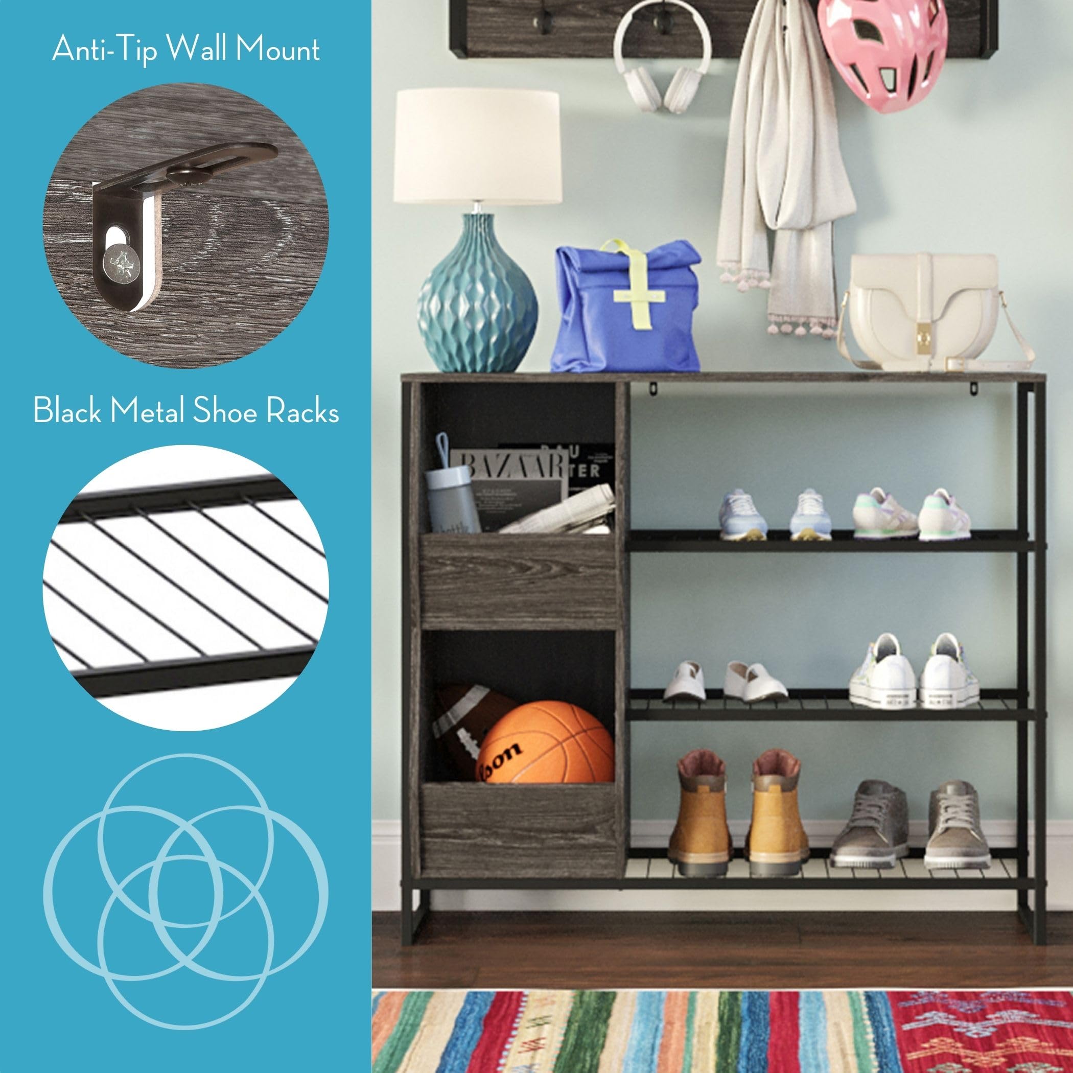 RiverRidge Afton 3-Tier Shoe Organizer with Storage Bins - Sturdy Metal Frame Shoe Rack Holds 6-9 Pairs | Space-Saving Entryway Storage for Shoes, Boots & Accessories | Perfect for Closet, Bedroom & Mudroom Organization