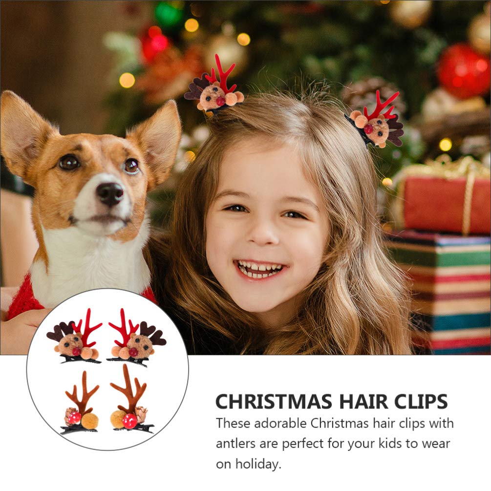 2 Pairs Christmas Antlers Hair Clips with Pine Cone & Mushroom Plush Balls - Festive Holiday Hair Accessories for Women, Men & Kids - Perfect for Xmas Parties, Family Gatherings & Holiday Photos