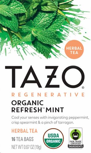 TAZO Organic Refresh Mint Herbal Tea Bags - Caffeine Free, 16 Count | Refreshing Herbal Tea for Relaxation & Stress Relief | Perfect for Afternoon Tea Time, Yoga Sessions & Bedtime Rituals