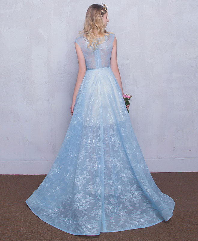 Elegant Blue Round Neck Lace Long Prom Dress for Sweet 16 Party | Formal Evening Gown for Homecoming, Quinceañera & Special Occasions