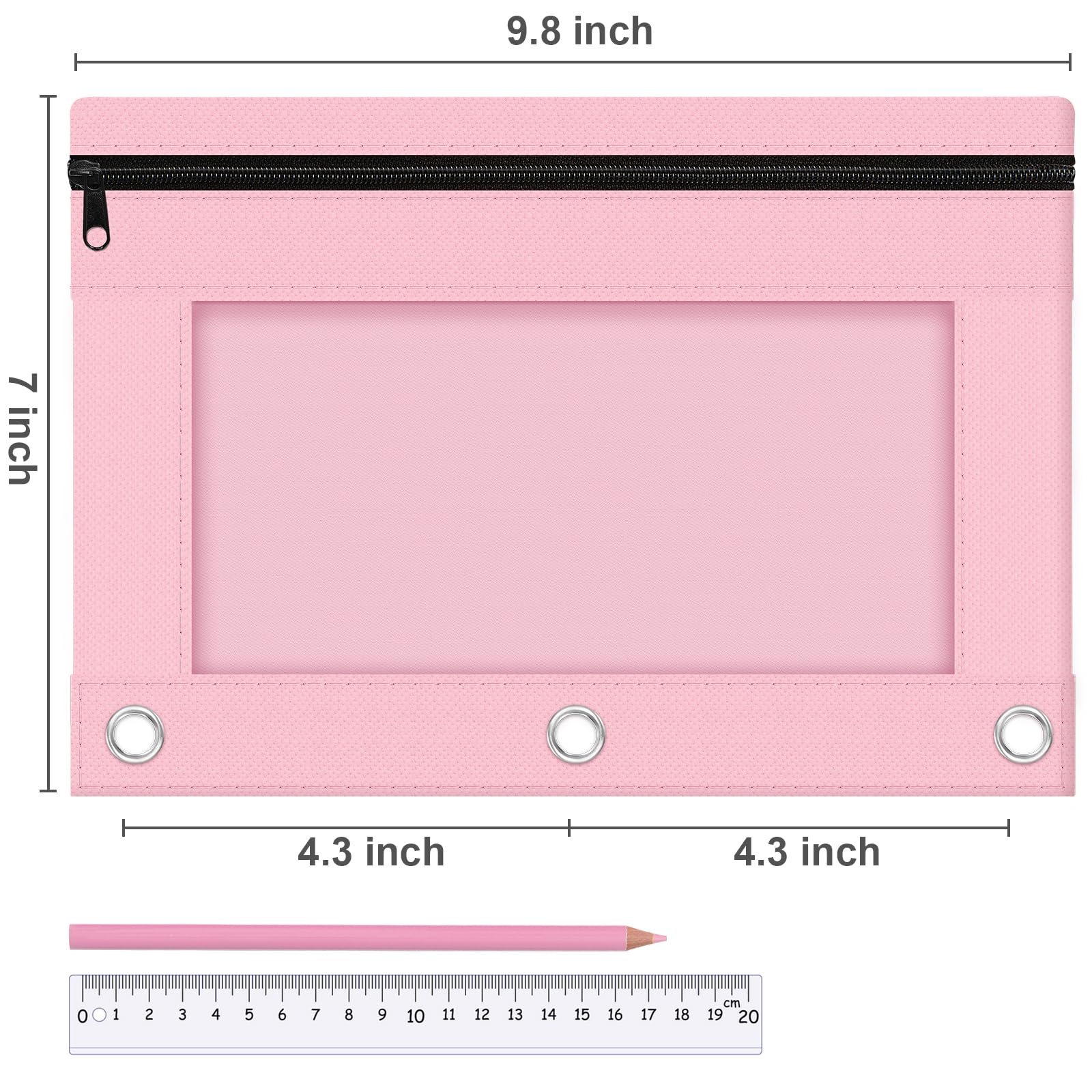Officygnet 2-Pack Zippered Pencil Pouch for 3-Ring Binder - Clear Window School & Office Supply Organizer - Cloth Pencil Case with 3-Hole Binder Fit (Pink) - Perfect for Students, Teachers & Office Organization
