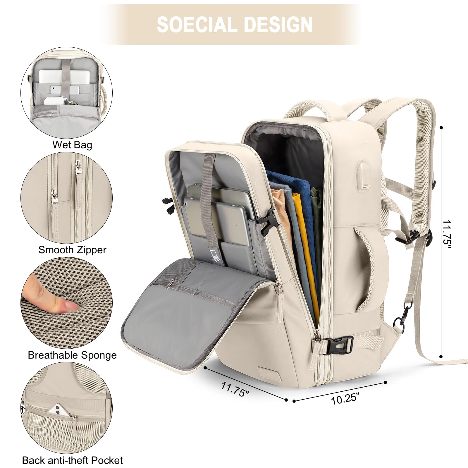 **Extra Large Expandable Carry On Backpack - TSA Approved Water Resistant Lightweight Travel Backpack for Men & Women - Perfect for Airplane, Weekender & Day Trips (Beige with 4 Packing Cubes Included)**