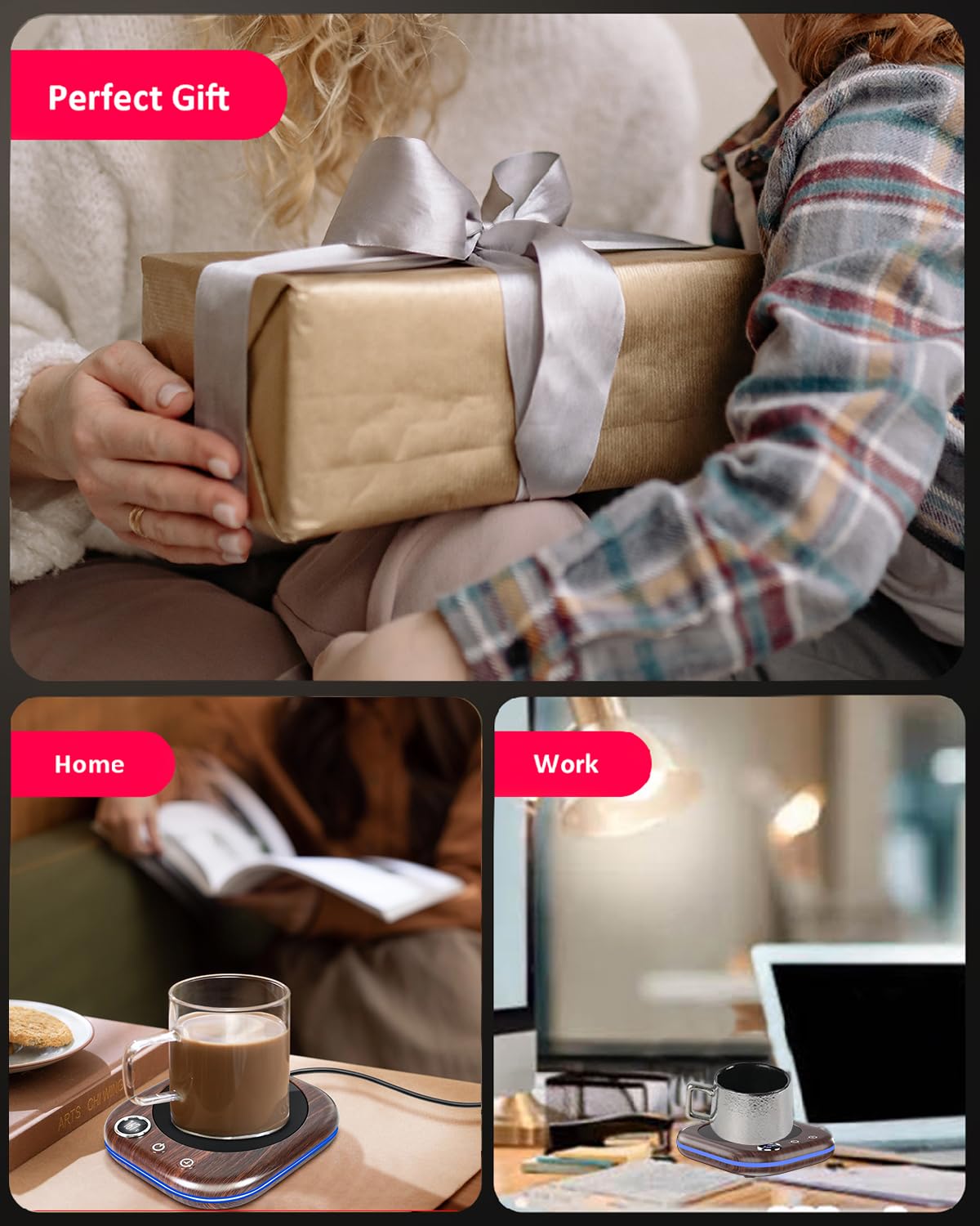 40W Smart Coffee Mug Warmer with Temperature Display & Auto Shut Off - 3 Heat Settings & 1-12H Timer - Electric Beverage Warmer for Coffee, Tea, Milk, Hot Chocolate - Perfect for Office Desk, Home Use & Gift Giving (Wood Grain Design)
