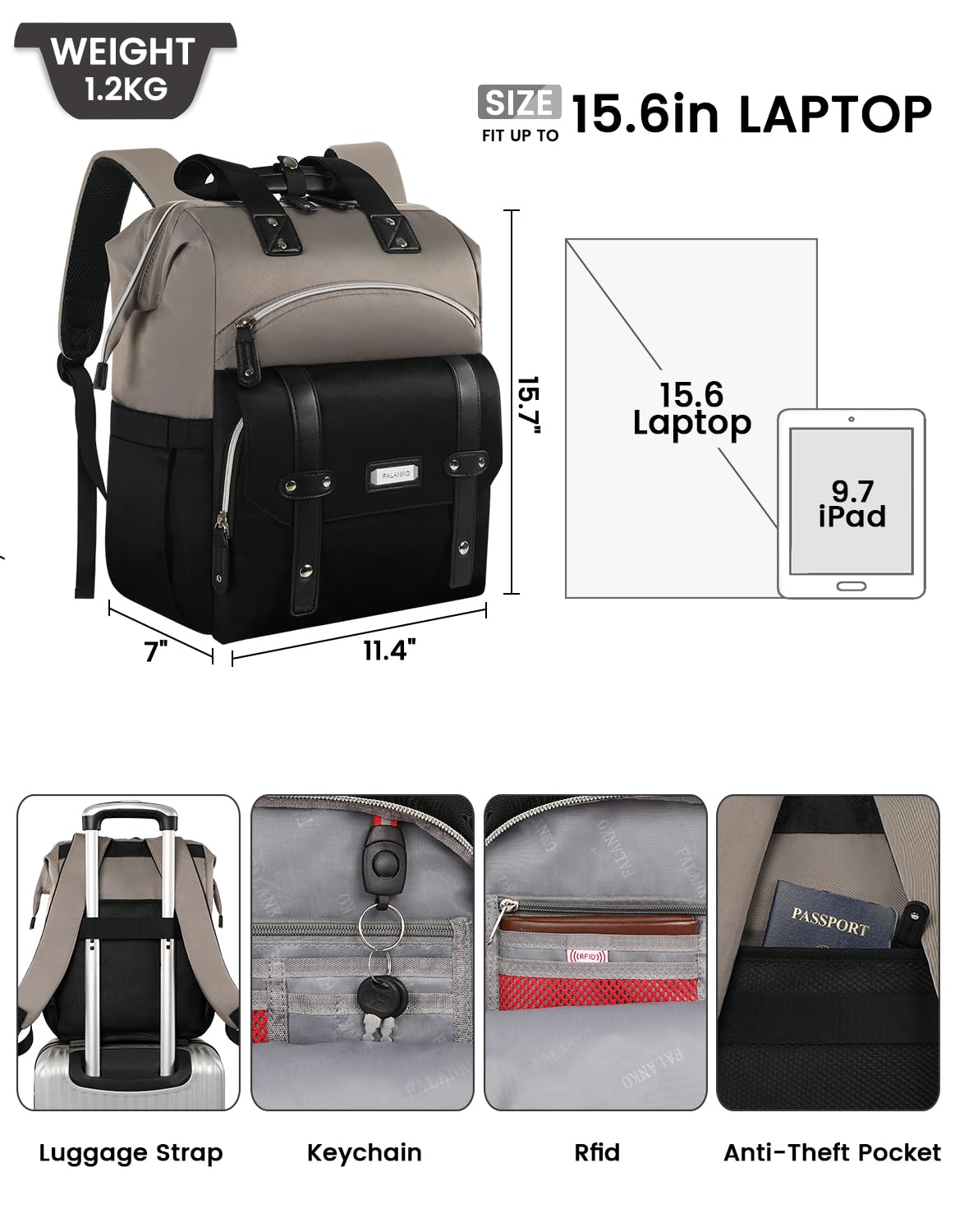 FALANKO Women's Laptop Backpack - Stylish Anti-Theft USB Charging Backpack for Work, Travel & College - Fits 15.6 Inch Laptop with RFID Protection (Grey/Black) | Perfect for Nurses, Teachers & Business Professionals