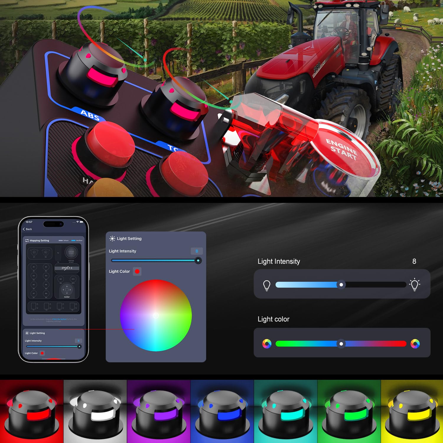 PXN Farm Simulation Controller - CB1 Sim Racing Button Box for PC, Compatible with Logitech & Thrustmaster Wheels, Adjustable Clamp & Spinner Knob, APP Control - Perfect for American Truck Simulator & Farming Simulator Gaming (PC Only) - Enhance Your Racing Experience with Realistic Controls
