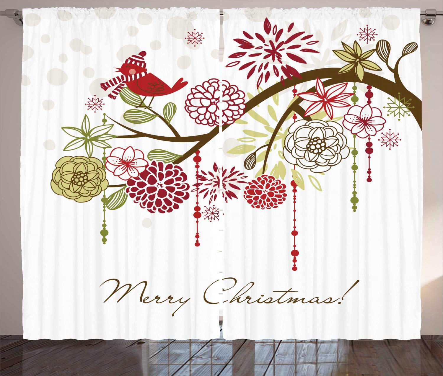 Ambesonne Christmas Curtains - Floral Winter Red Bird Hat and Scarf on Blooming Tree Nature Inspired Window Drapes, 2 Panel Set (108