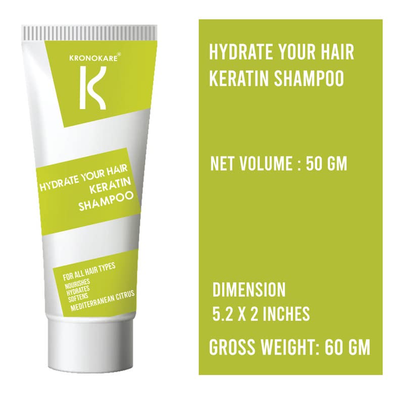 Kronokare Hydrating Keratin Shampoo with Rice Bran, Bergamot & Lemon - Vitamin E Enriched, Sulfate Paraben & Silicone Free (50g) - For Dry, Damaged Hair Repair & Daily Moisturizing
