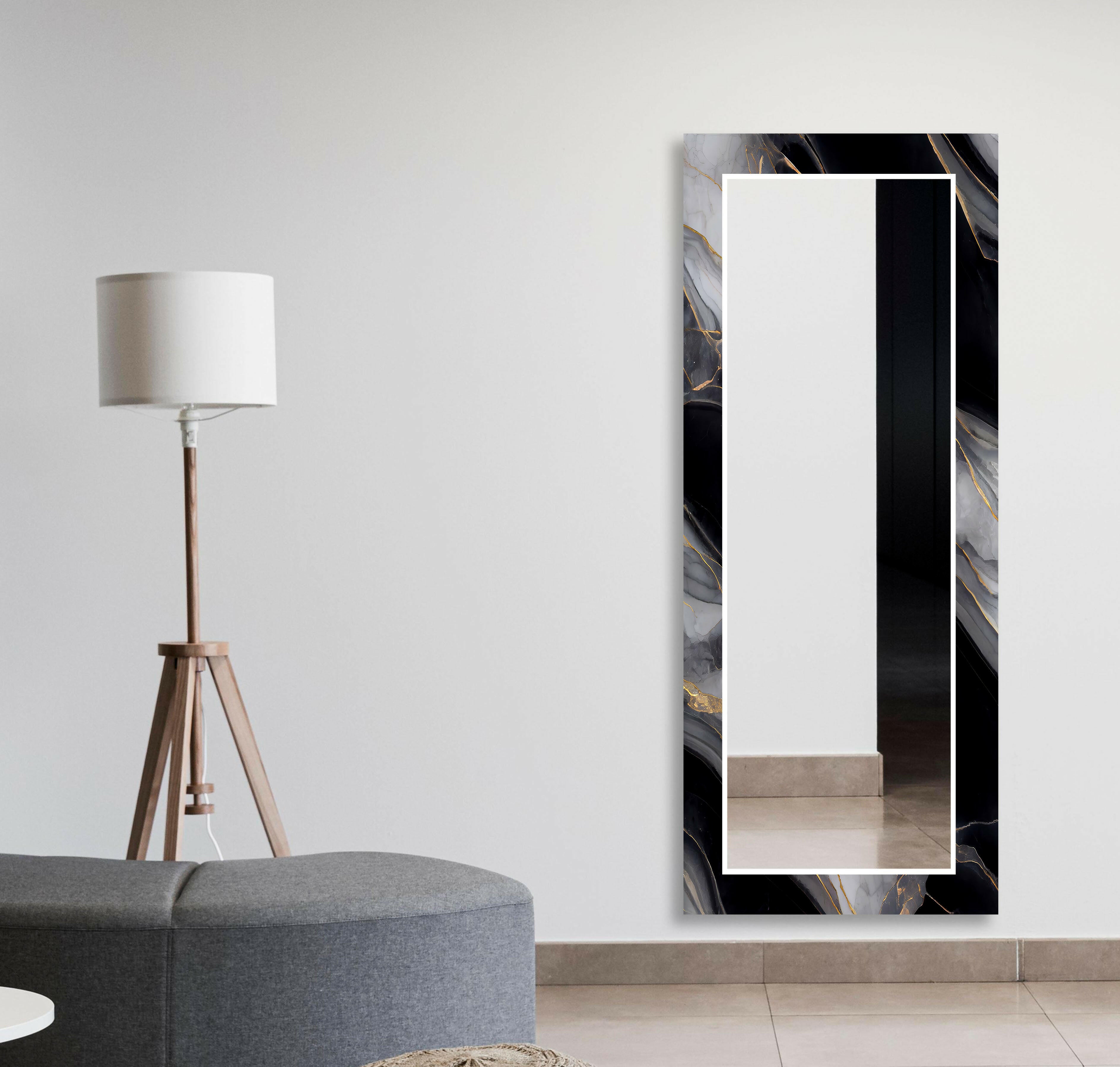 Stylish Black and Gray Marble Wall Mirror - Modern Home Decor for Living Room, Bedroom & Bathroom | Elegant Full-Length Mirror with Durable Frame for Vanity, Entryway & Dressing Area