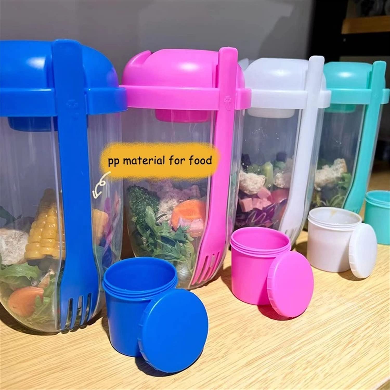 2022 Portable Salad Shaker Cup with Fork & Dressing Container - BPA-Free Meal Prep Container with Washing Brush for Healthy Eating - Perfect for Office Lunch, Gym, Picnics & On-the-Go (7.48×4.33×4.33in, E-Pink+Green)