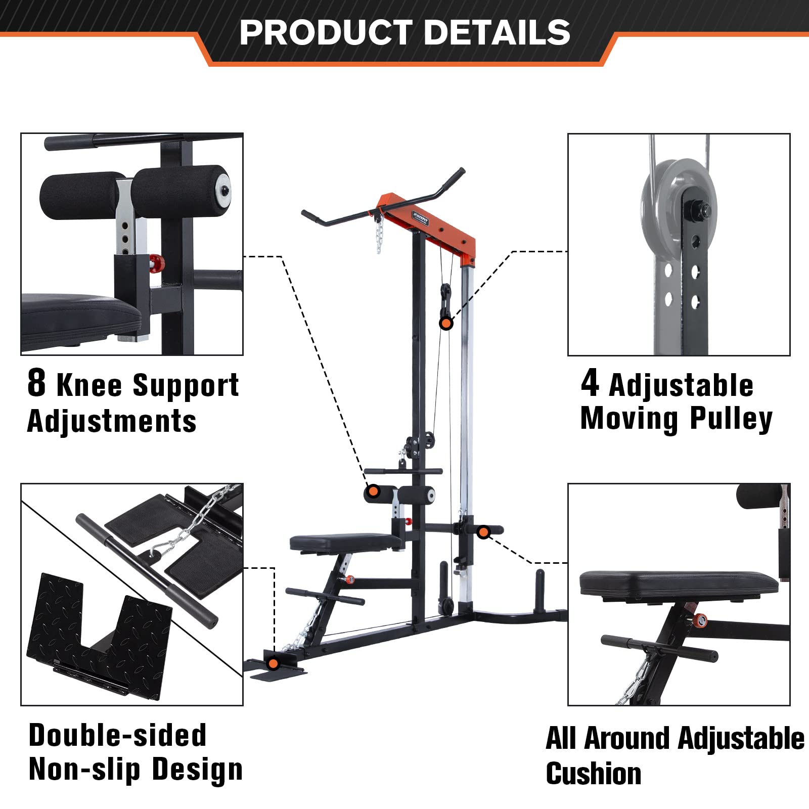 RitFit LAT Pull Down and Low Row Cable Machine - Adjustable Pulley System with Seat & Knee Support for Home Gym Strength Training | Perfect for Back Workouts, Arm Exercises and Full-Body Training