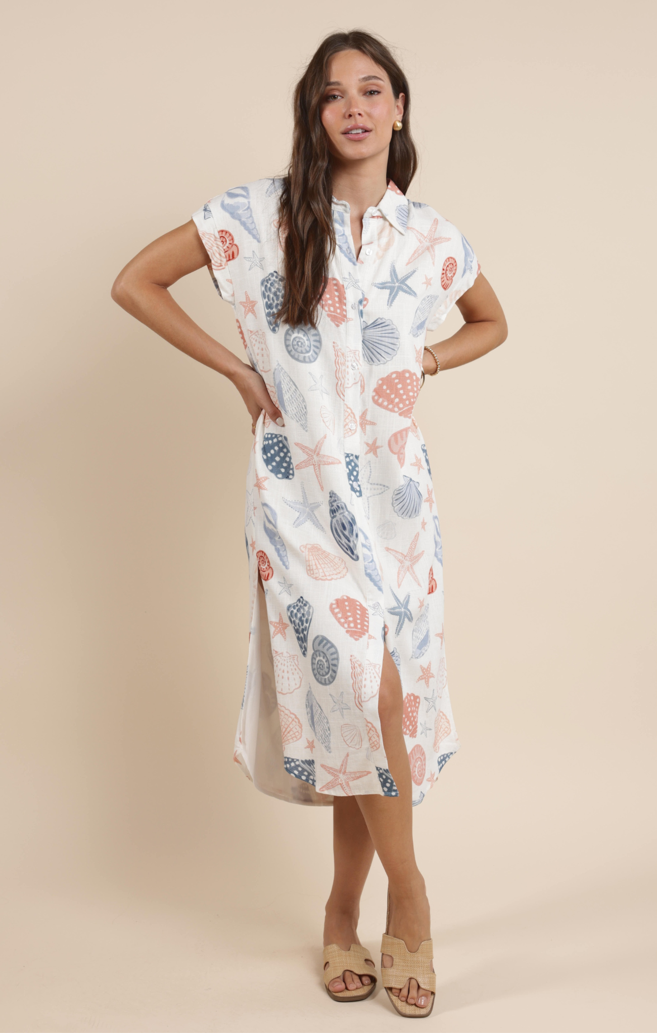 Stylish Seashell Print Duster Shirt Dress for Women - Boho Beach Cover Up & Summer Casual Outfit