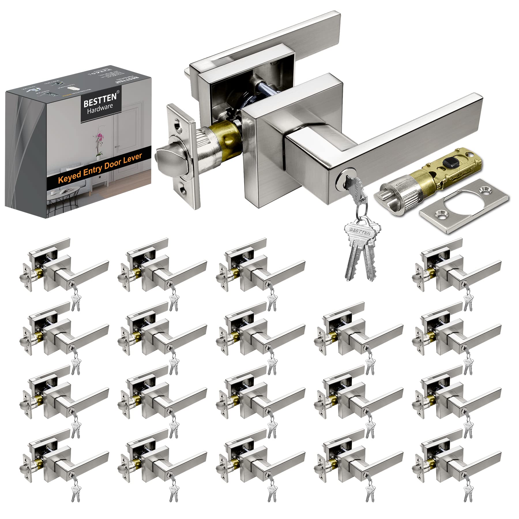 20 Pack BESTTEN Satin Nickel Keyed Entry Door Lever Set - Square Exterior Door Handles with Removable Latch Plate - Monaco Series Front Door Lock for Home Security & Office Buildings - Perfect for Residential & Commercial Entrance Doors