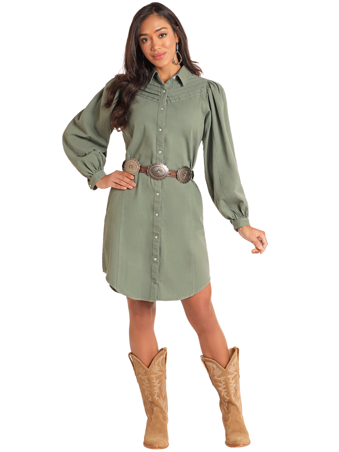 Rock & Roll Denim Womens Pleated Balloon Sleeve Dress - Olive Green Casual Chic Dress for Party, Date Night & Office Wear