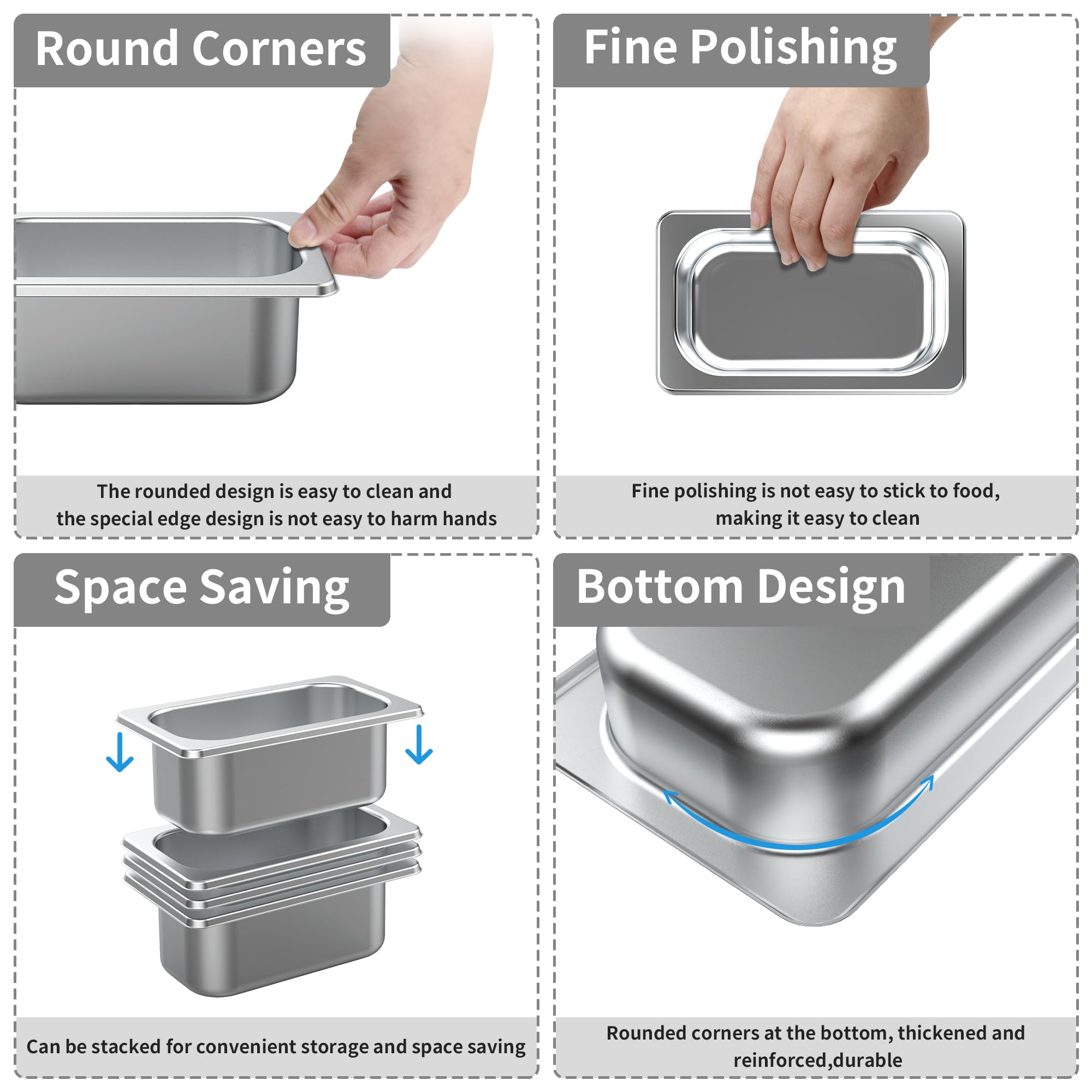 6 Pack Stainless Steel 1/9 Size Hotel Pans with Lids - 4 Inch Deep Commercial Food Steam Table Trays for Buffet, Catering & Restaurant Kitchen Use - Durable Metal Food Storage & Serving Pans for Banquets, Cafeterias & Food Service