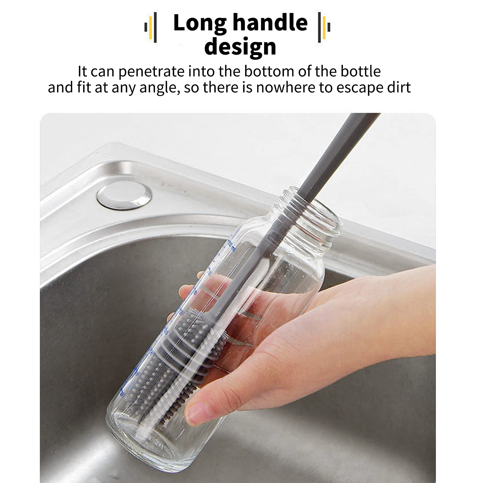 Stainless Steel Bottle Cleaning Brush for Water Bottles, Vases & Glassware - Long Handle Narrow Neck Brush for Hard-to-Reach Areas - Perfect for Baby Bottles, Travel Mugs & Home Cleaning (Grey)
