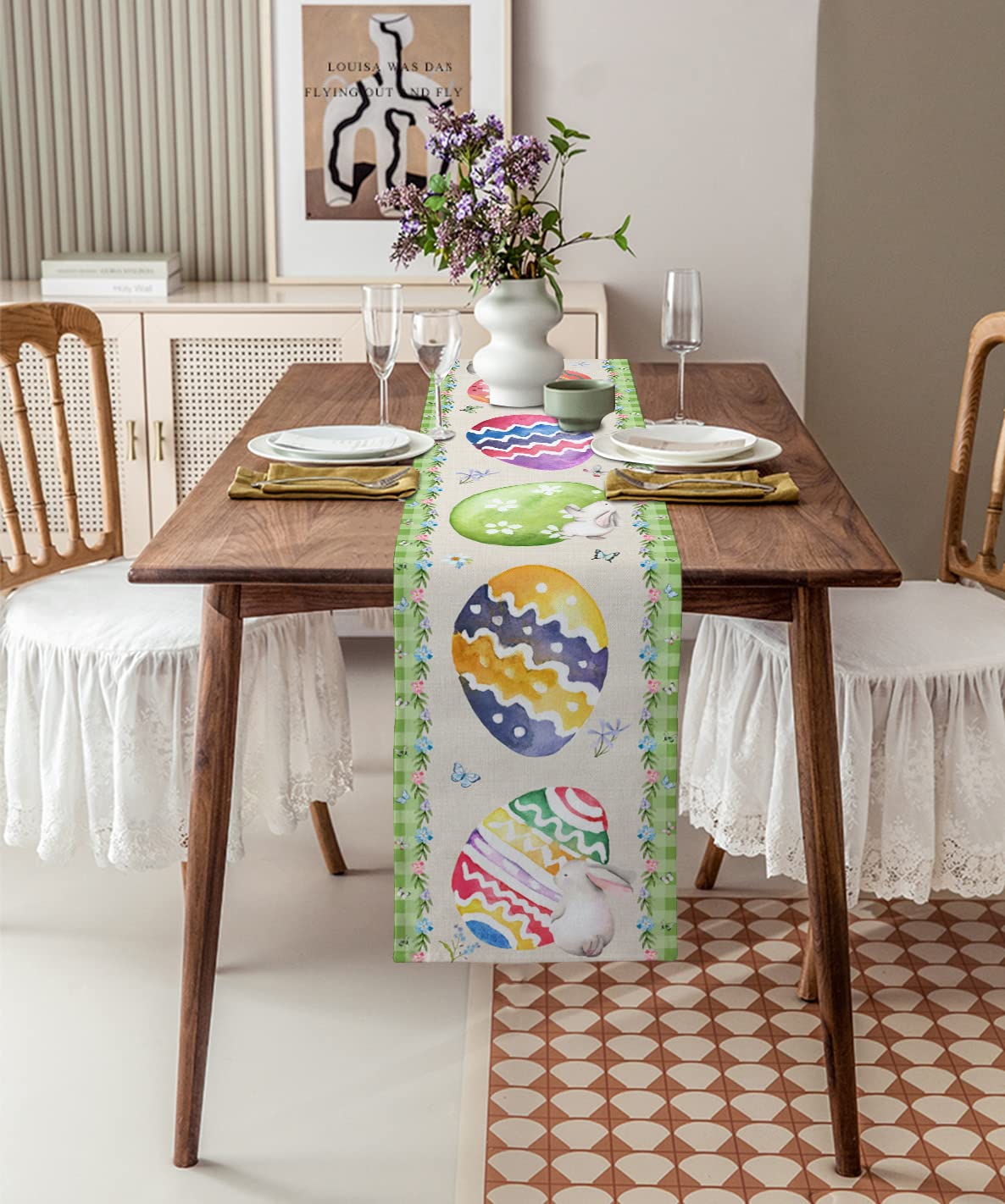 Easter Table Runner Decor - 13x36 Inch Spring Bunny & Eggs Design for Kitchen, Dining Table, Family Dinner, Banquet & Party Celebrations - Cute Easter Rabbit Home Decor for Holiday Gatherings & Festive Occasions