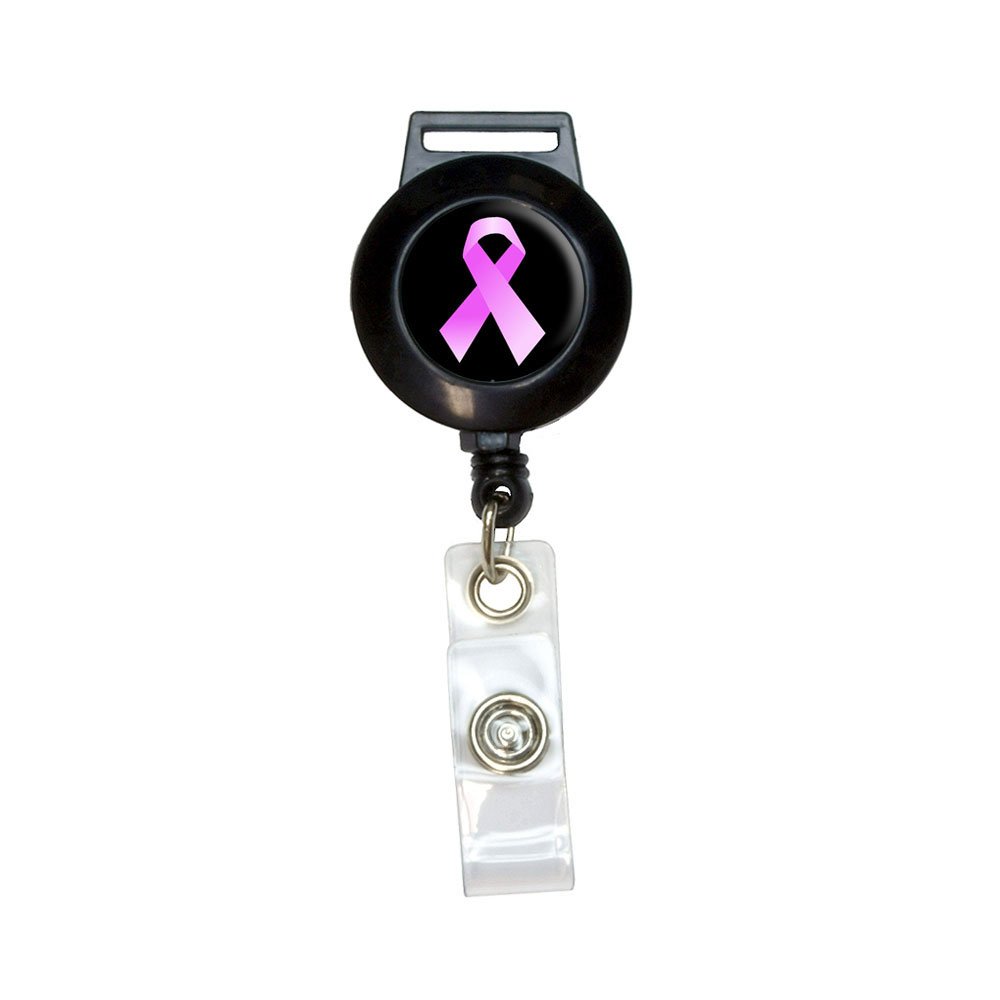Pink Ribbon Breast Cancer Awareness Lanyard with Retractable Reel - Black ID Badge Holder for Nurses, Teachers & Office Workers