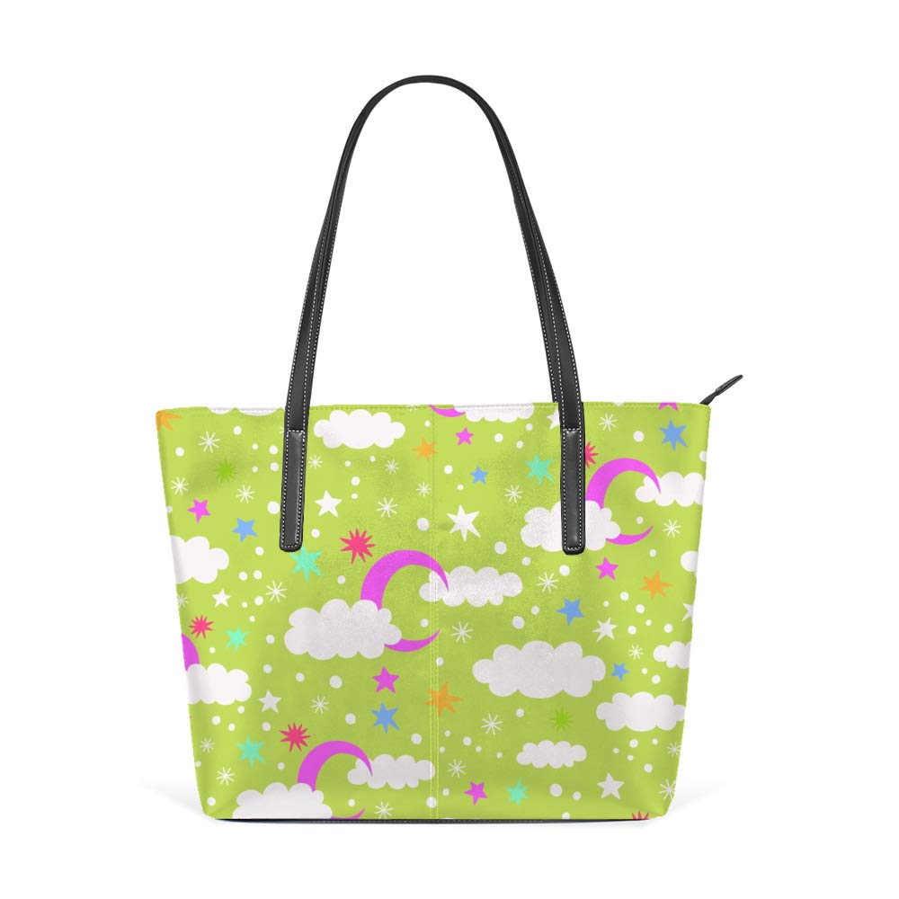 Stylish Large PU Leather Tote Bag for Women - Fashion Moon Cloud & Stars Design - Durable Work & Casual Shopper Handbag - Perfect for Office, Travel, and Everyday Use