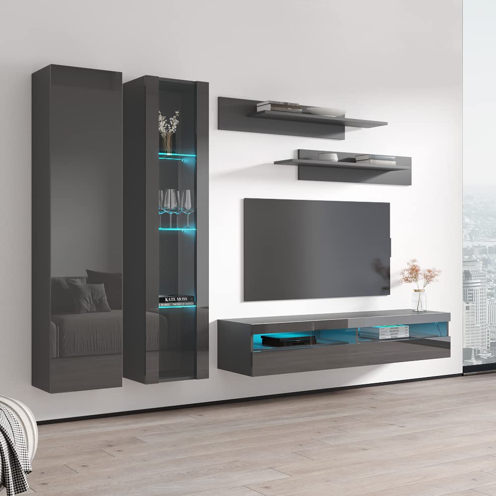Modern Floating TV Stand with Storage & LED Lights - Wall-Mounted Entertainment Center for Bedroom & Living Room - A4 35TV Console with Shelves - Black - Perfect for Small Spaces & Home Theater Setup