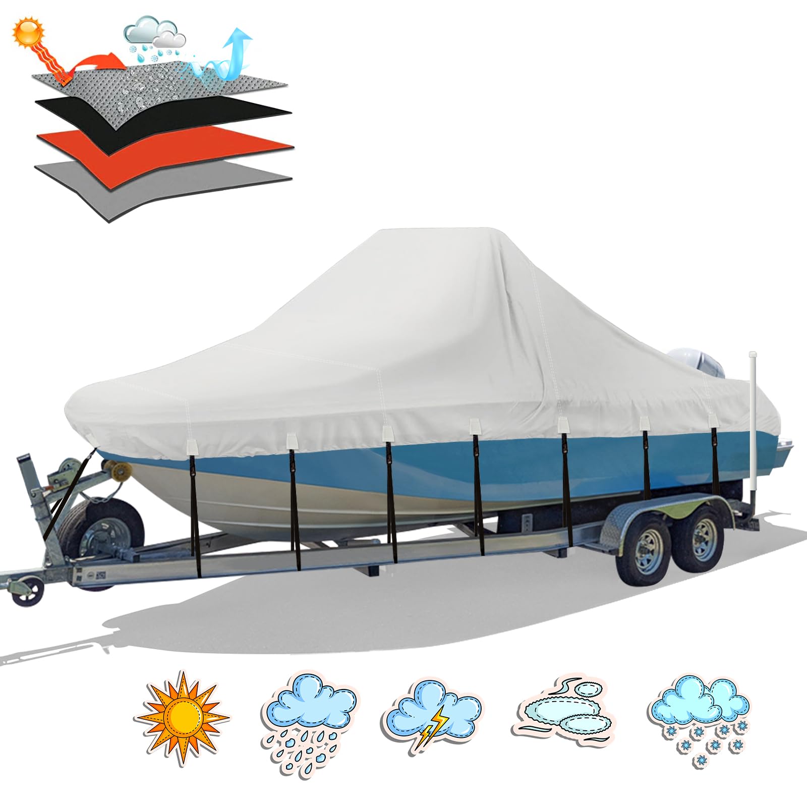 **Solim 17'-19' Heavy Duty Waterproof Boat Cover - 1300D Marine Grade Oxford UV Resistant Polyester Canvas with 18 Tie Down Straps - Center Console Boat Cover for Trailering & Storage (Gray)**    **Perfect for:** Protecting your center console boat from sun, rain, and debris while trailering or storing outdoors.