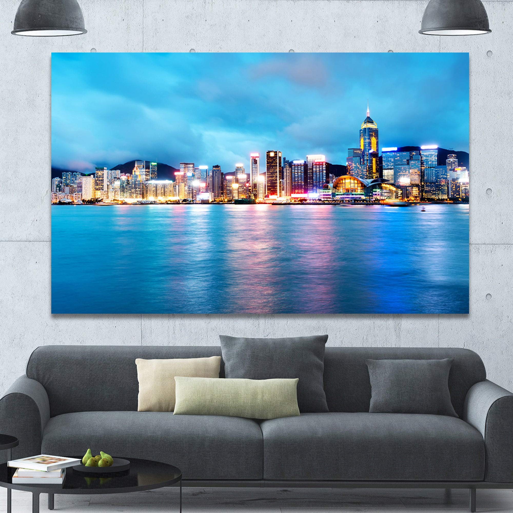 Colorful Hong Kong at Night - Modern Cityscape Wall Art Print - 32x16 Inches - Vibrant Urban Decor for Living Room, Bedroom & Office