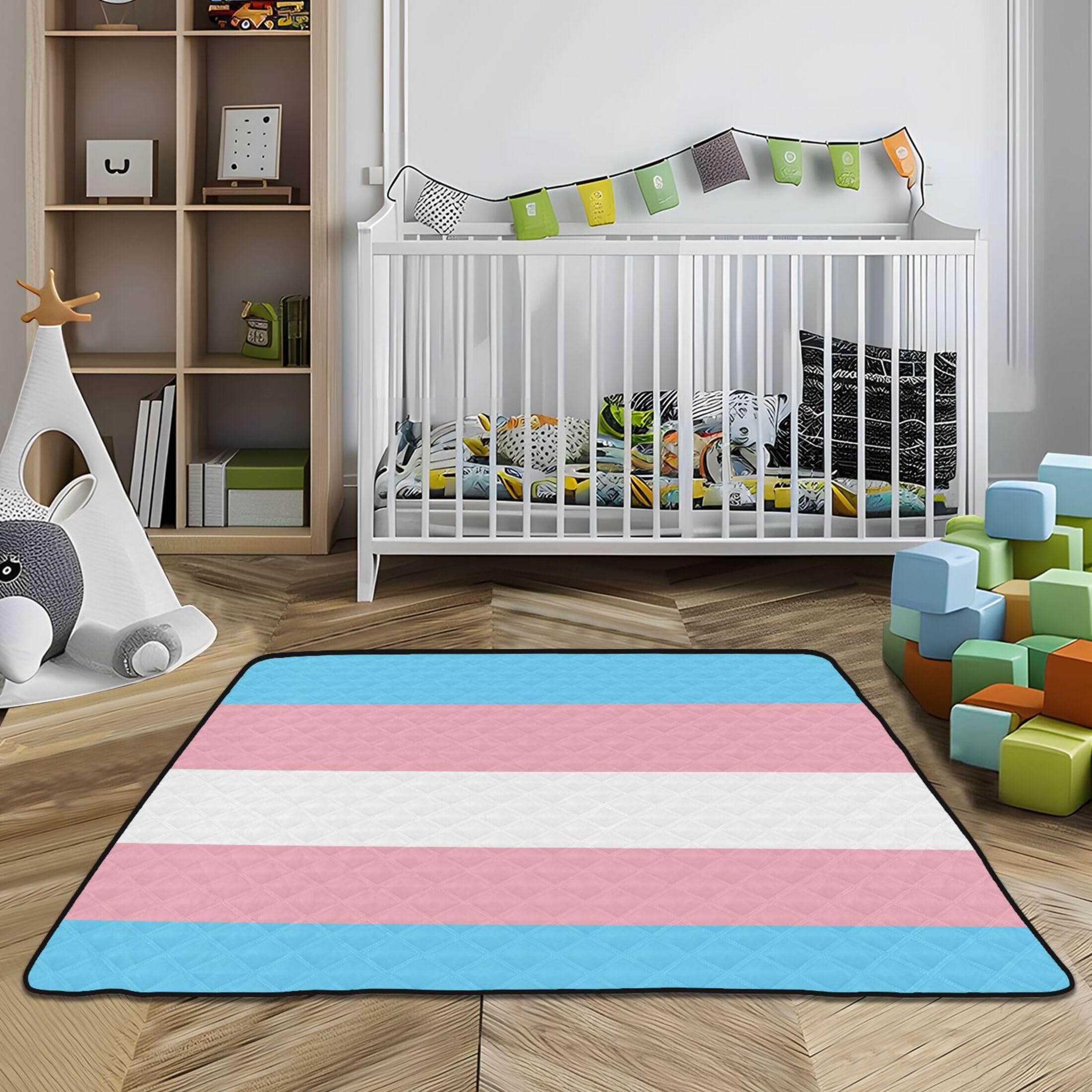 LGBTQ+ Pride Transgender Flag Baby Playmat - 50'' x 50'' Large Non-Slip Crawling Mat for Infants & Toddlers, Durable Indoor/Outdoor Kick Mat for Playtime, Nursery Decor & Gender Reveal Parties