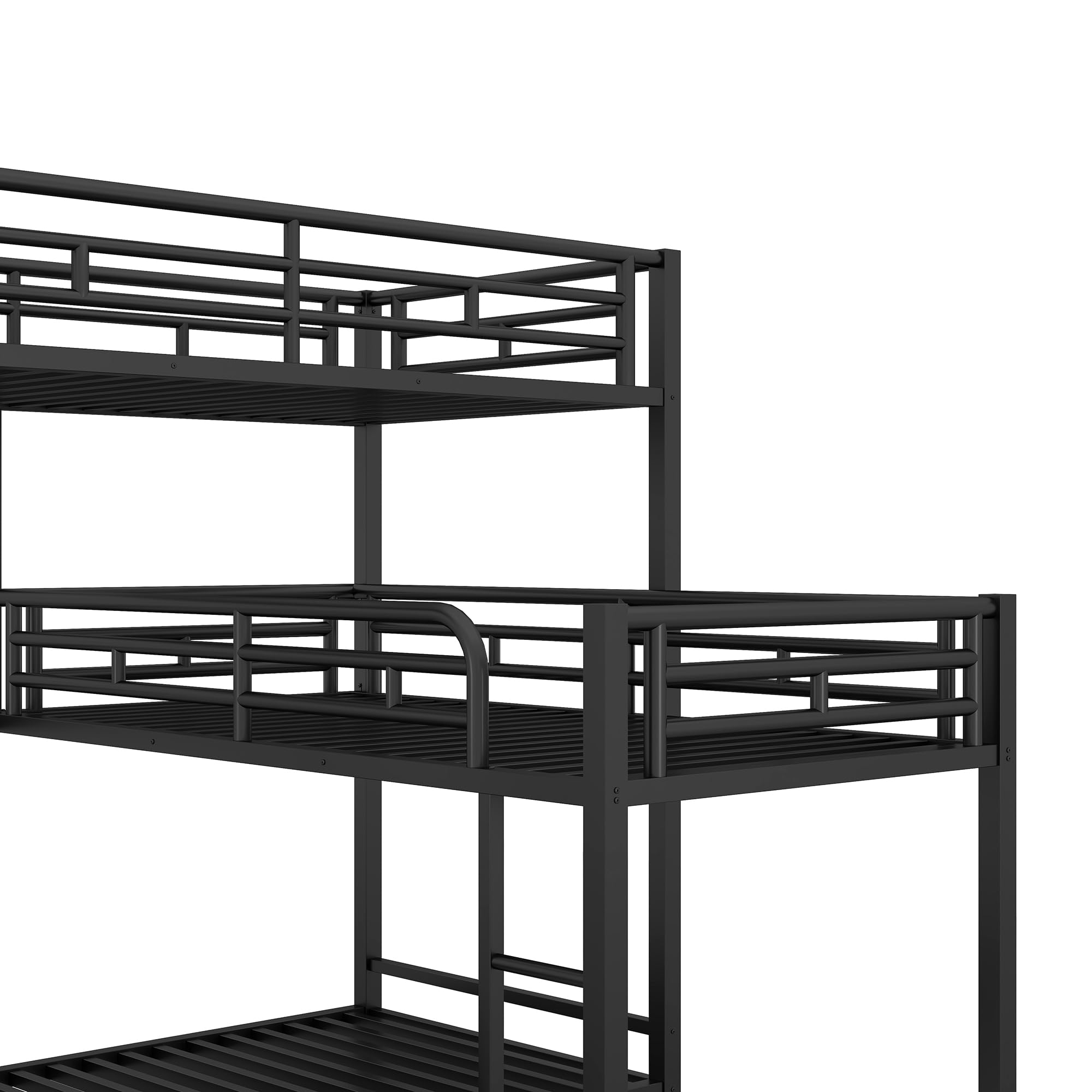 Twin Over Twin L-Shaped Metal Triple Bunk Bed with Ladder & Full-Length Guardrails - 3-in-1 Kids & Teens Bunk Bed in Black | Perfect for Small Bedrooms, Sleepovers & Space-Saving Solutions
