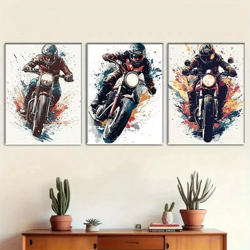 3-Piece Vibrant Motorcycle Rider Wall Art Set - Framed Canvas 40x60cm (16x24in) - High Quality Australian Made Prints - Ready to Hang - Perfect for Living Room, Bedroom or Man Cave Decor