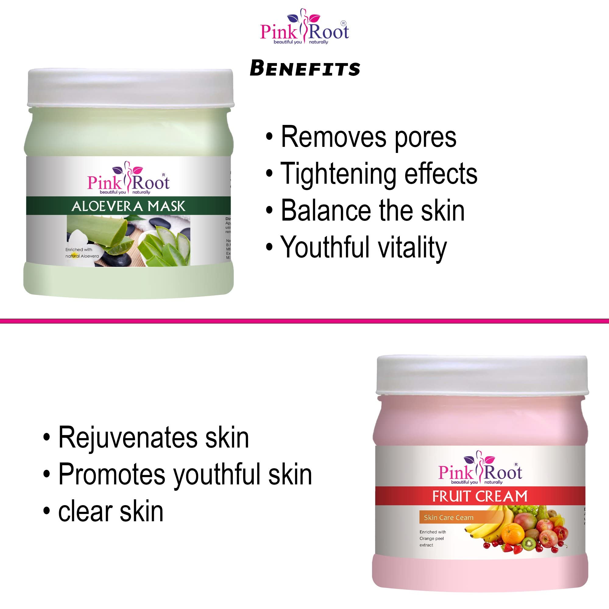 Organic Pink Root Aloe Vera Face Mask 500g with Fruit Extract Cream 500g - Hydrating & Brightening Skincare Set for Dry & Sensitive Skin - Perfect for Night Care & Spa Treatments