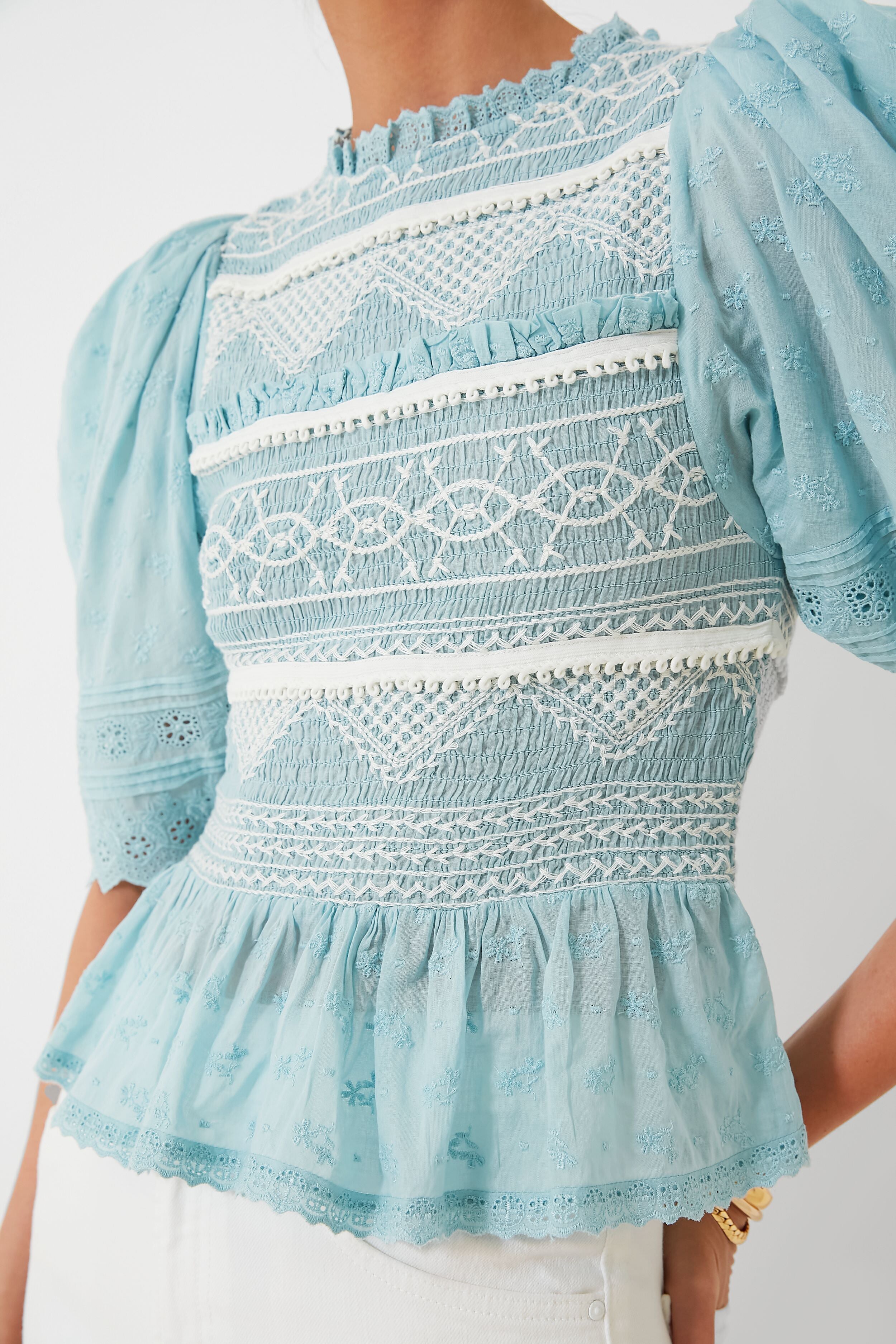 Blue Olga Hand Smocking Puff Sleeve Top for Women | Elegant Embroidered Blouse | Perfect for Casual Outings, Date Nights & Summer Fashion