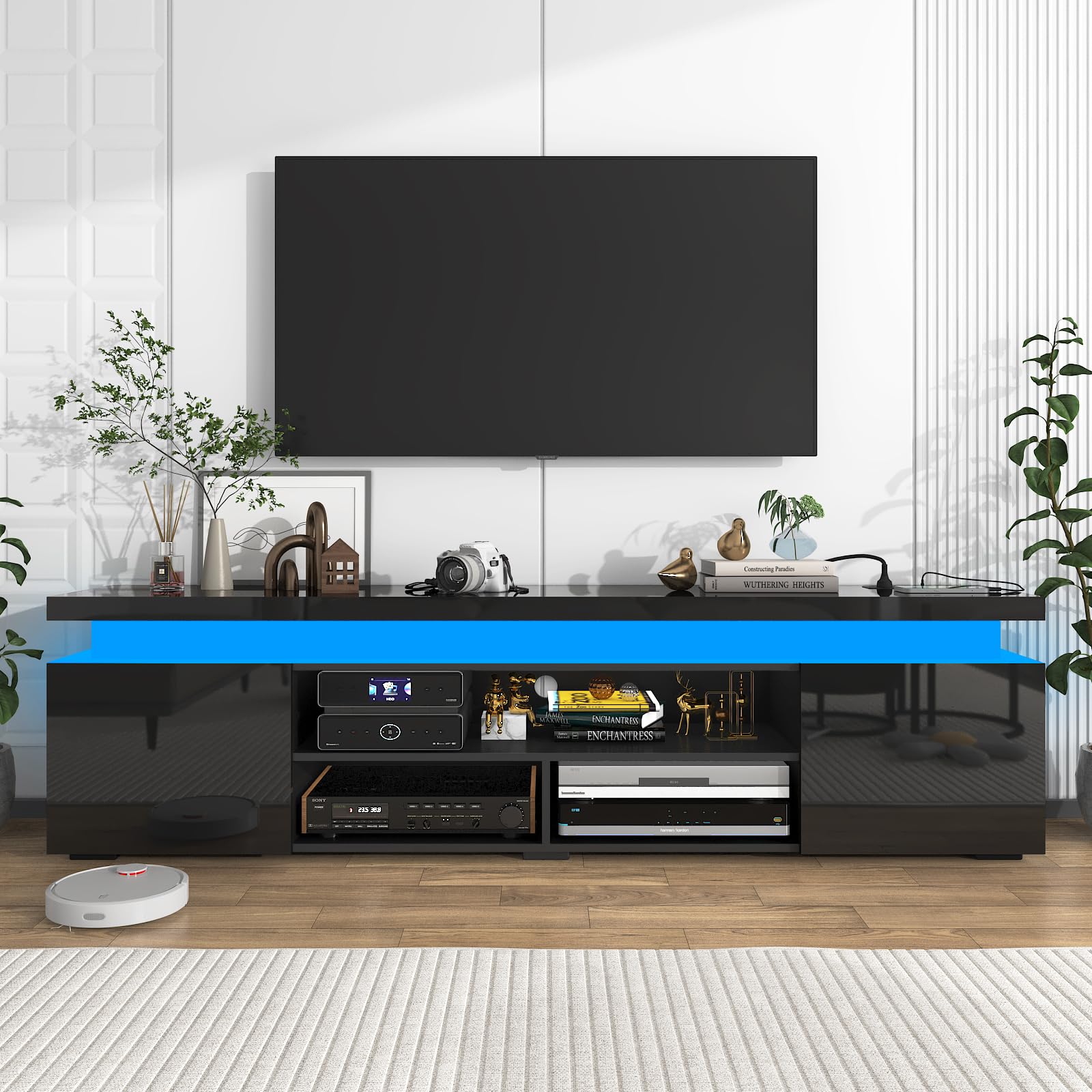 85 Inch LED TV Stand with Power Outlet - Modern High Gloss Entertainment Center with Storage & LED Lights - TV Console for Living Room & Bedroom (74 Inch, Black) UDKSE1883 - Perfect for Home Theater Setup & Stylish Room Decor