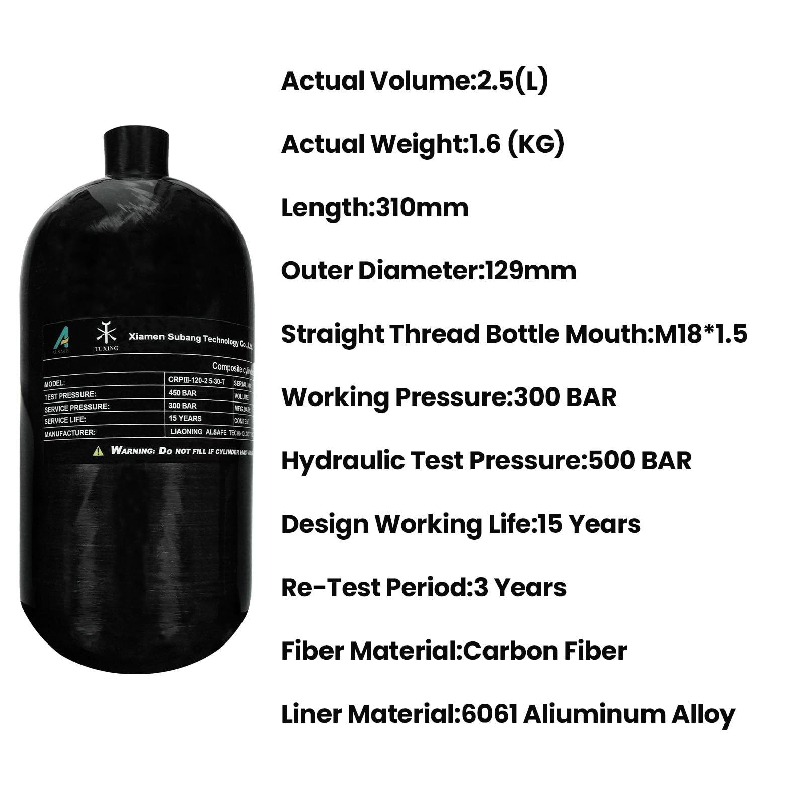 TUXING 4500psi High Pressure Composite Cylinder - 2.5L Carbon Fiber Scuba Diving Tank & PCP Paintball Air Tank (Empty) with M18x1.5 Thread - Perfect for Underwater Exploration, Airgun Refills, and Paintball Adventures