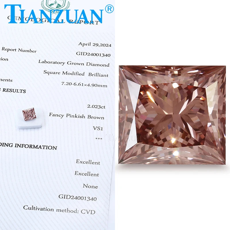 Lab Grown CVD Diamond - 1CT to 2CT Square Shape Loose Gemstone, VS1-VS2 Clarity, 2EX Cut, Fancy Pinkish Brown Color, GEMID Certified - Perfect for Engagement Rings, Jewelry Making & Custom Designs