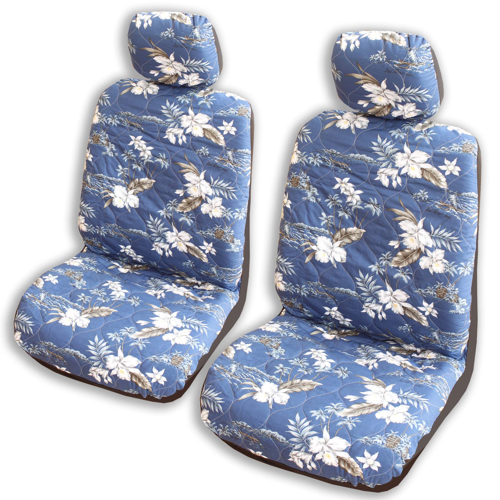 Premium Set of 2 Navy Orchid Hawaiian Print Car Seat Covers - Side Airbag Compatible, Separate Headrest Design - Handcrafted in Hawaii | Perfect for SUVs, Trucks & Family Vehicles, Beach Trips & Tropical-Themed Car Interiors