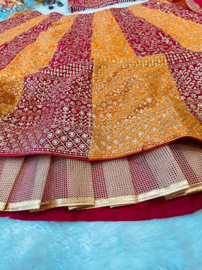 Red & Orange Sequins Embellished Zari Work Lehenga Set for Women | Indian Bridal Party Wear | Perfect for Weddings, Festivals & Special Occasions