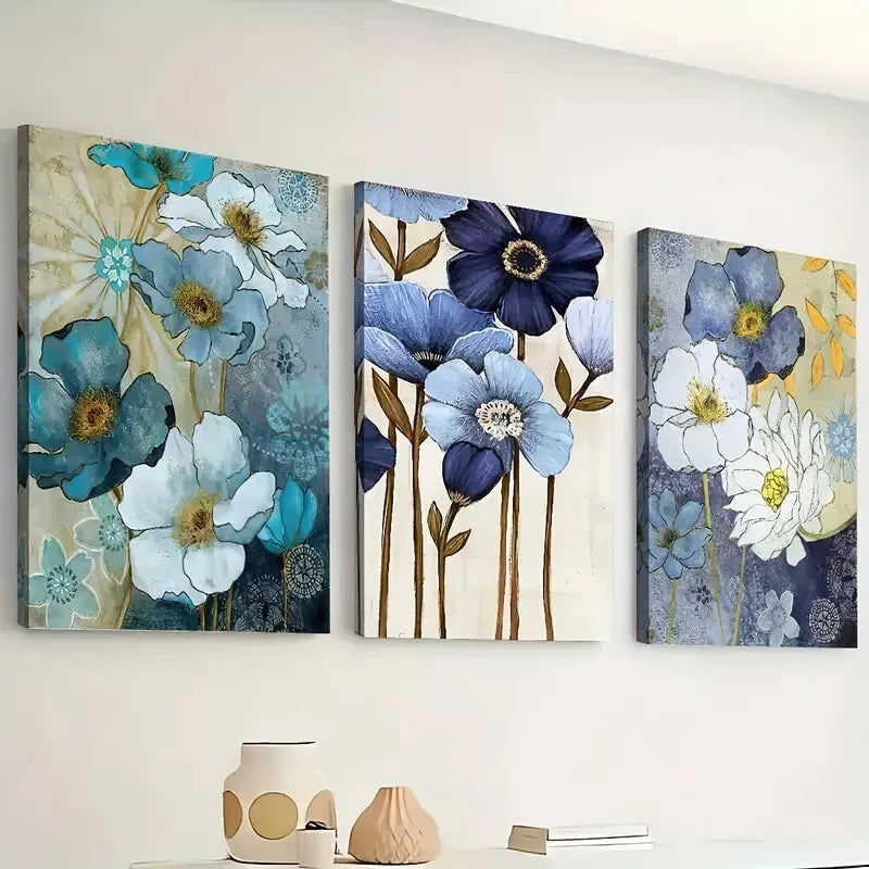 3-Piece Abstract Floral Blue Lotus Flowers Wall Art Set - Framed Canvas 40x60cm (16x24 Inches) - High Quality Print - 100% Australian Made - Ready to Hang - Perfect for Living Room, Bedroom & Office Decor