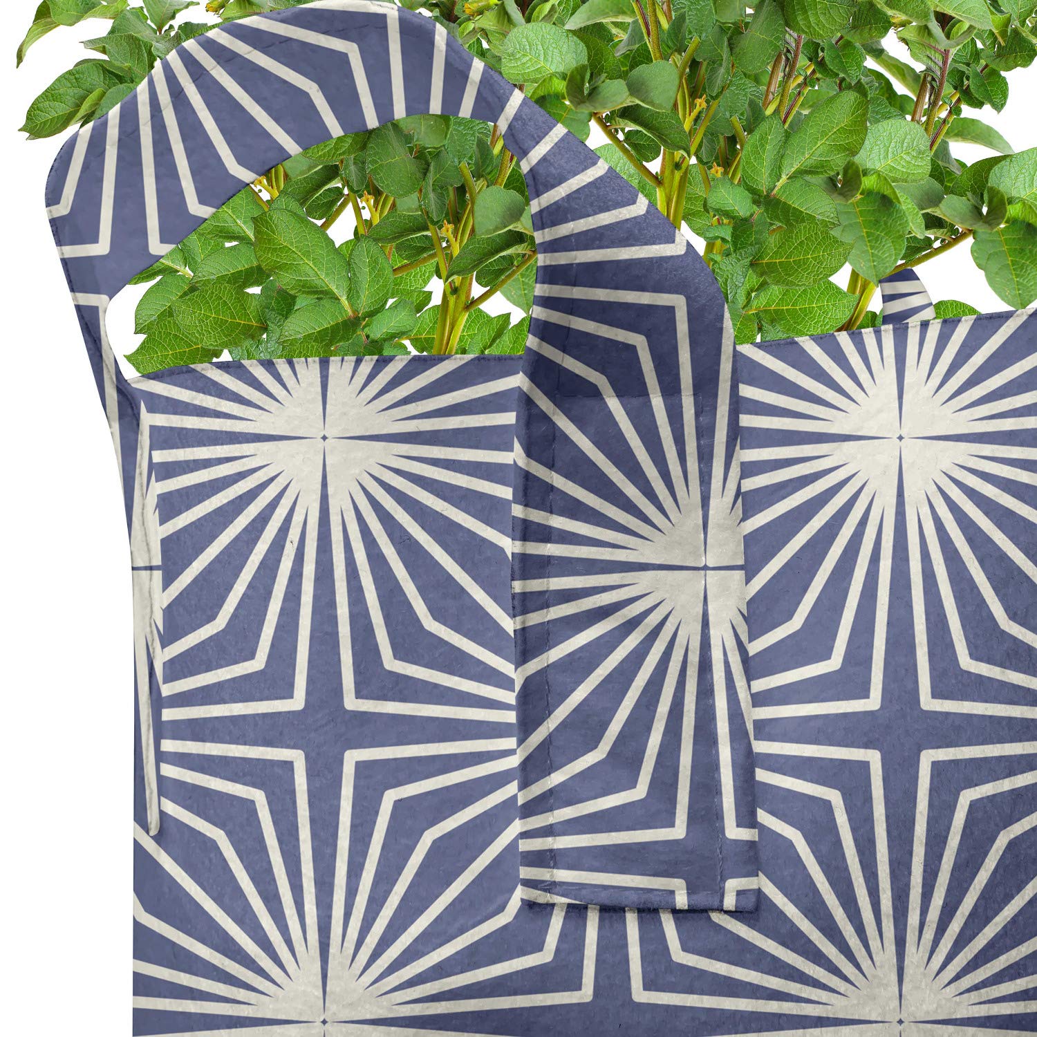 Lunarable Japanese Grow Bags 5-Pack - Modern Art Pattern Heavy Duty Fabric Plant Pots with Handles - White & Blue for Indoor/Outdoor Gardening, Vegetables, Flowers & Herbs