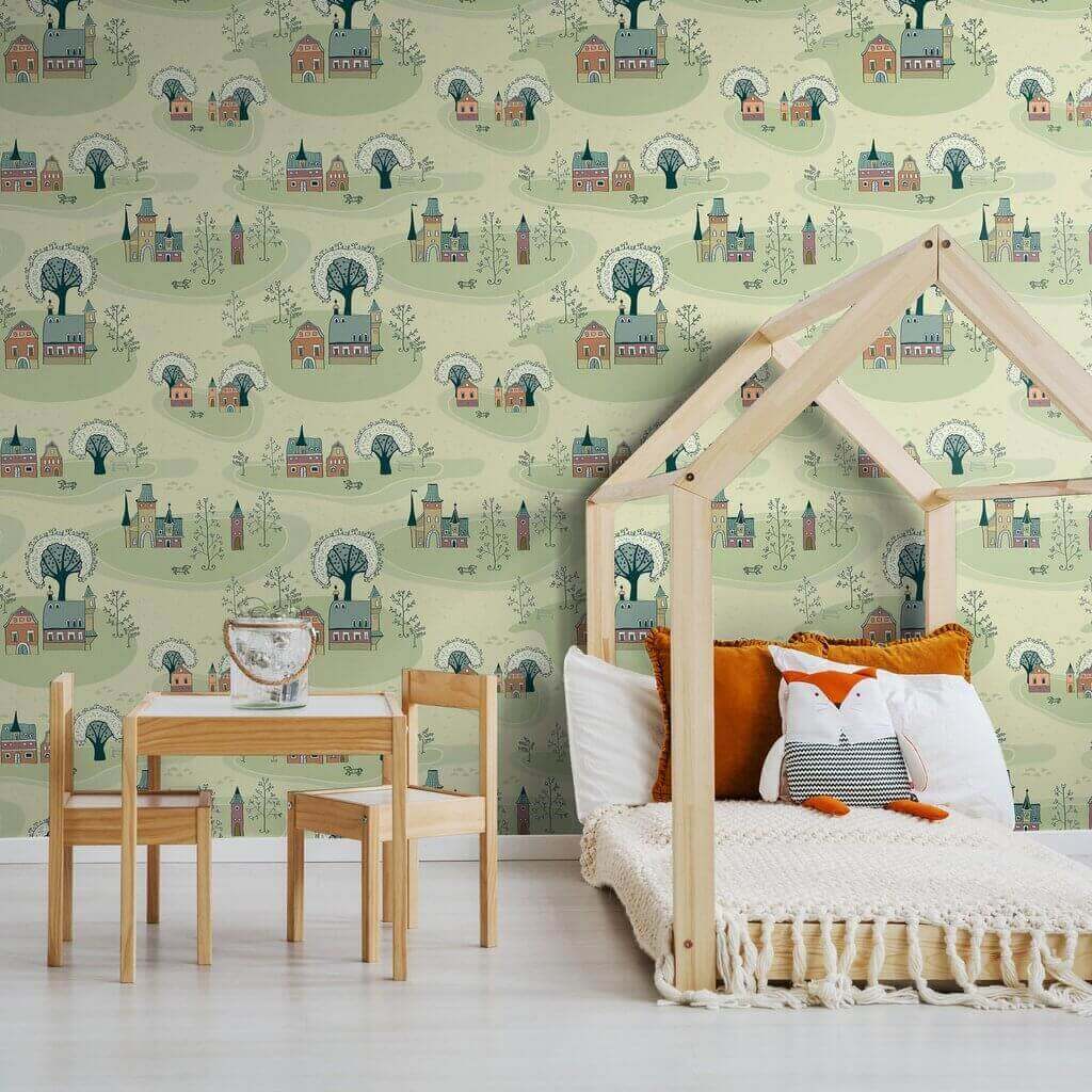 Green Map Children's Peel and Stick Removable Wallpaper 6751 - Easy DIY Nursery Decor for Kids' Rooms & Playrooms